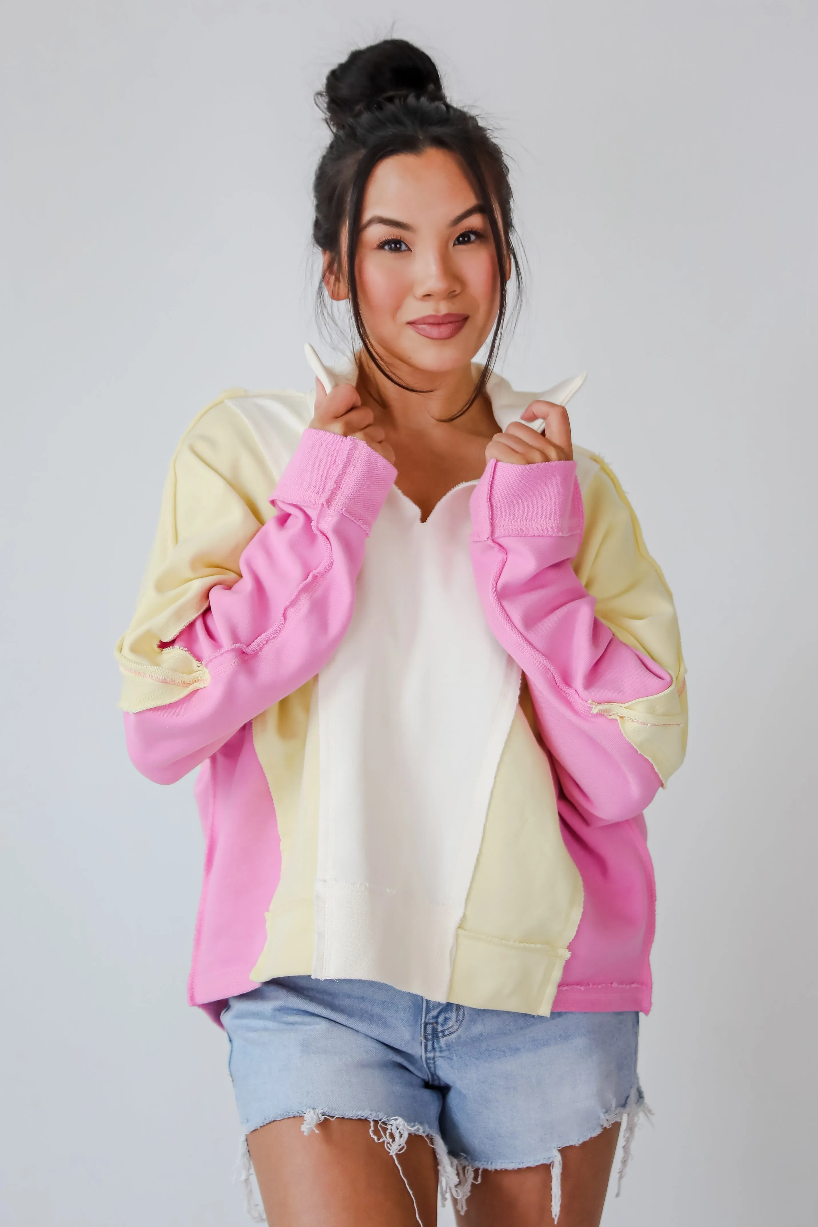 FINAL SALE - Lucky Cutie Pink Color Block Collared Pullover