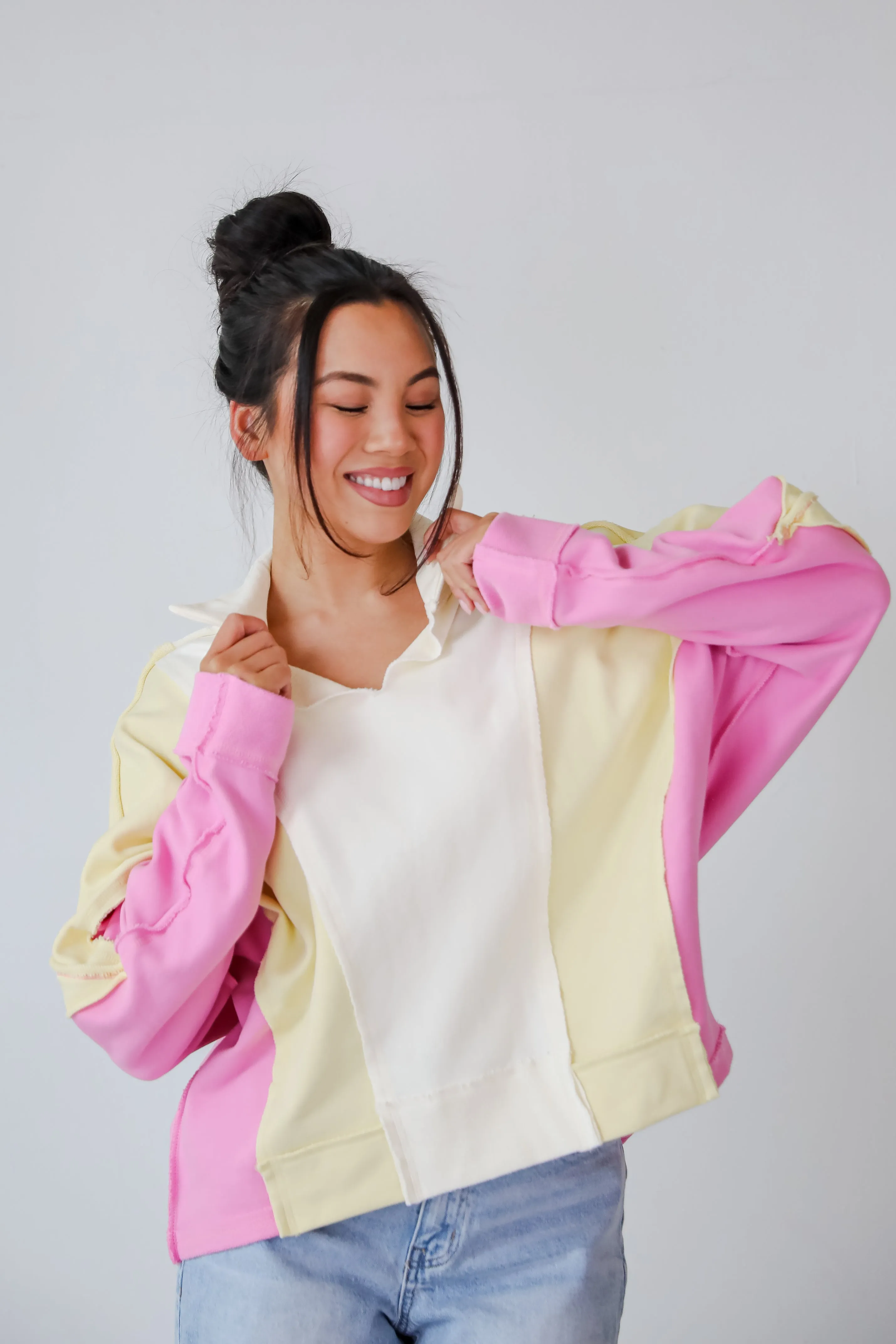 FINAL SALE - Lucky Cutie Pink Color Block Collared Pullover