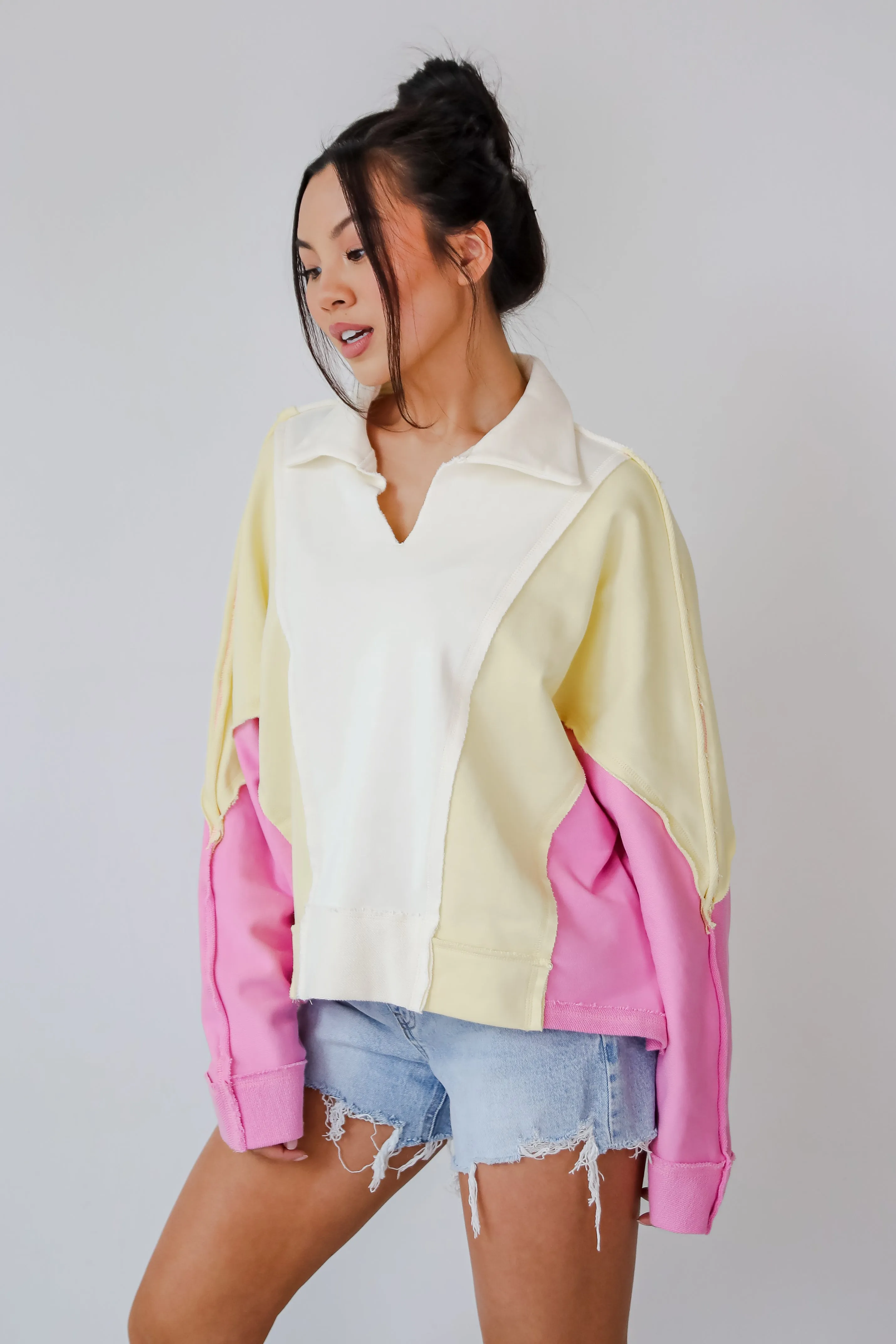 FINAL SALE - Lucky Cutie Pink Color Block Collared Pullover