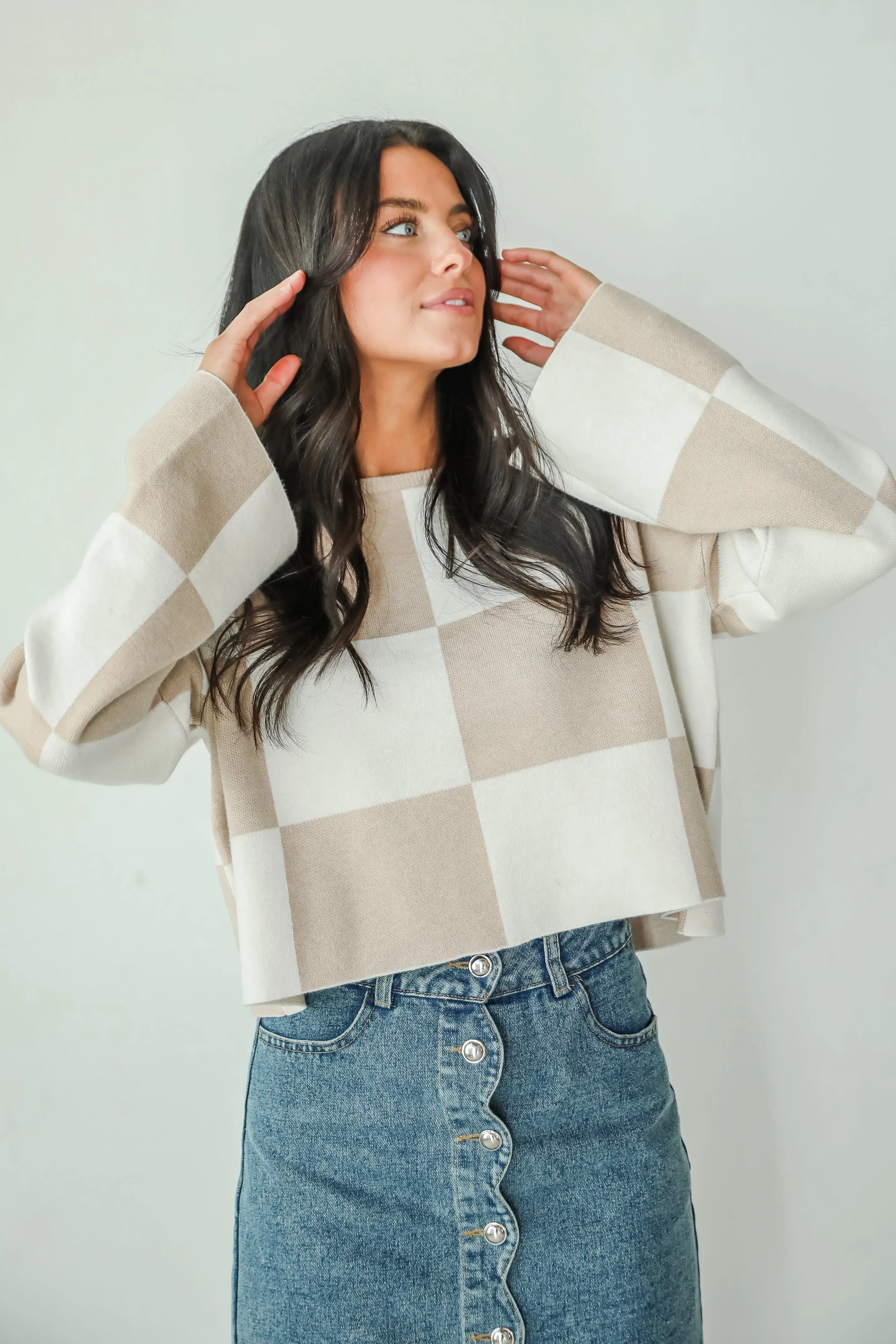 FINAL SALE - Perfect Classic Taupe Checkered Cropped Sweater