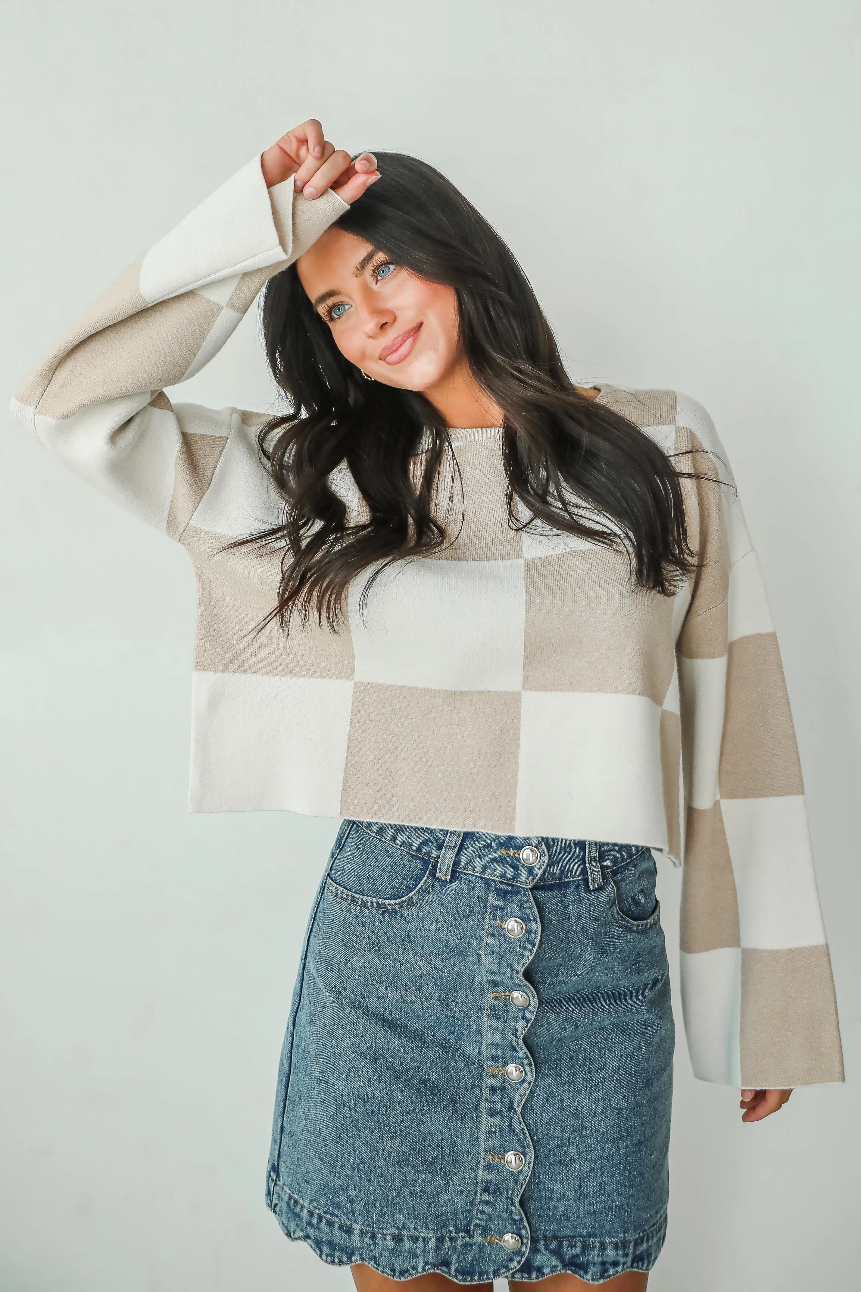 FINAL SALE - Perfect Classic Taupe Checkered Cropped Sweater