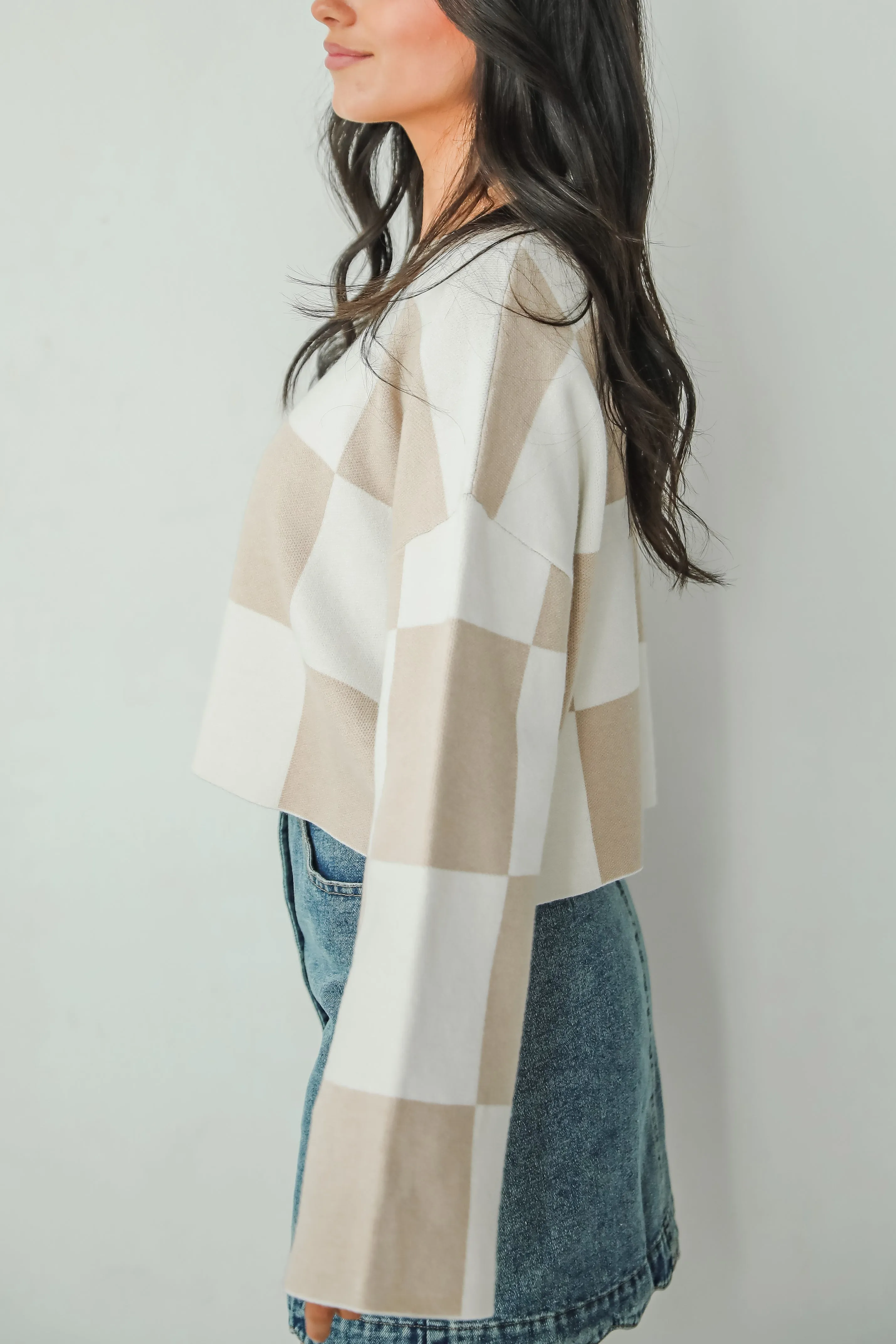FINAL SALE - Perfect Classic Taupe Checkered Cropped Sweater