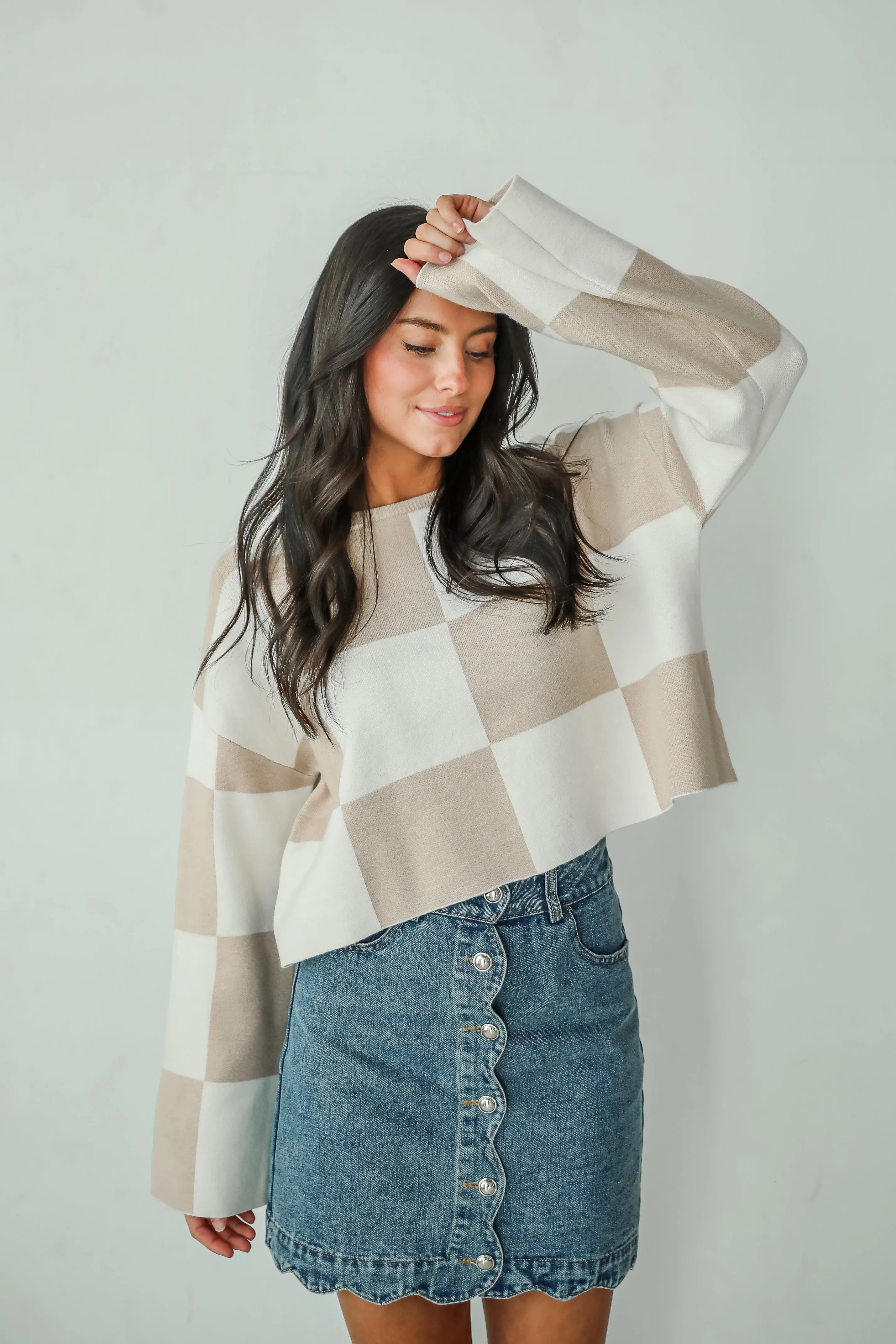 FINAL SALE - Perfect Classic Taupe Checkered Cropped Sweater