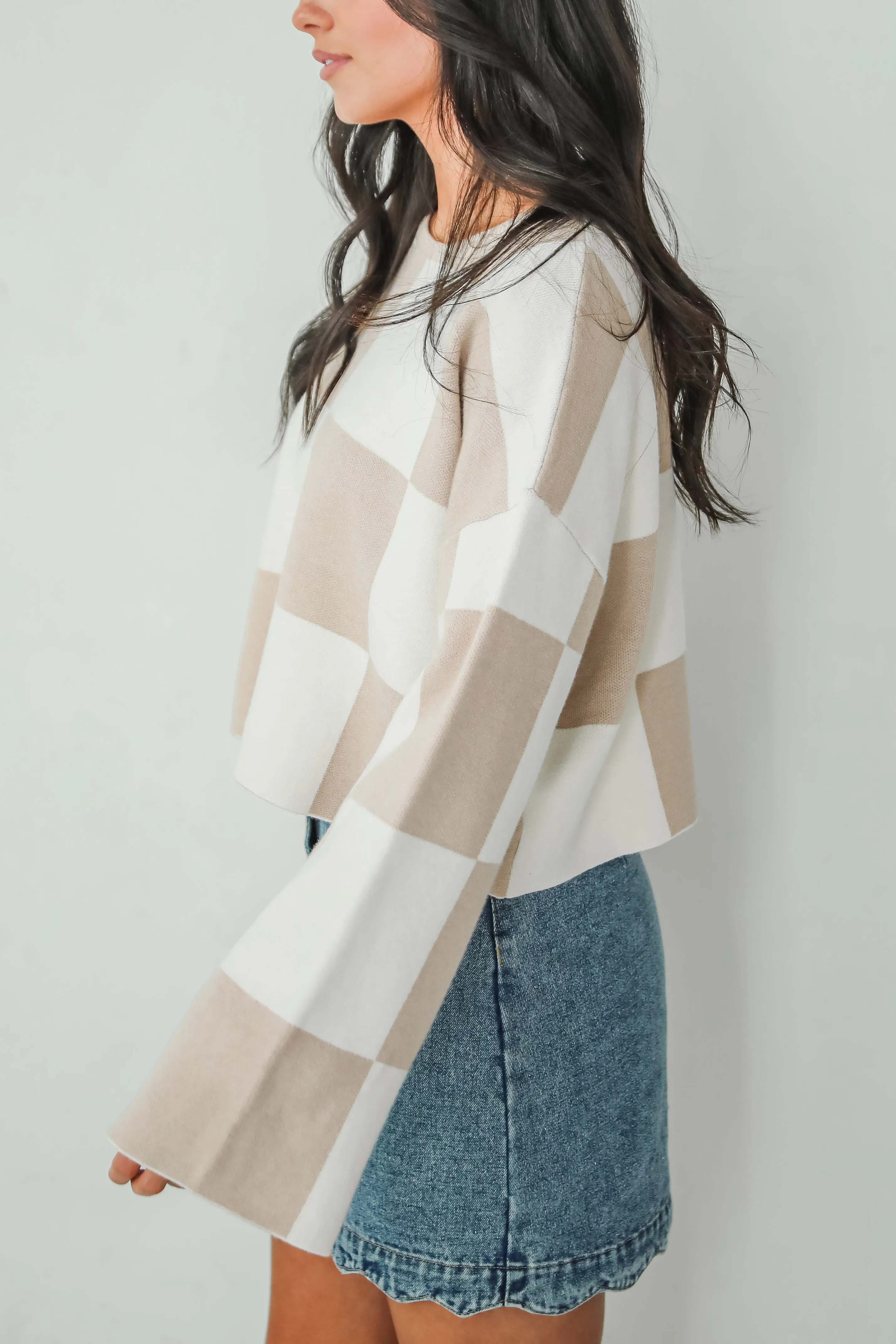 FINAL SALE - Perfect Classic Taupe Checkered Cropped Sweater
