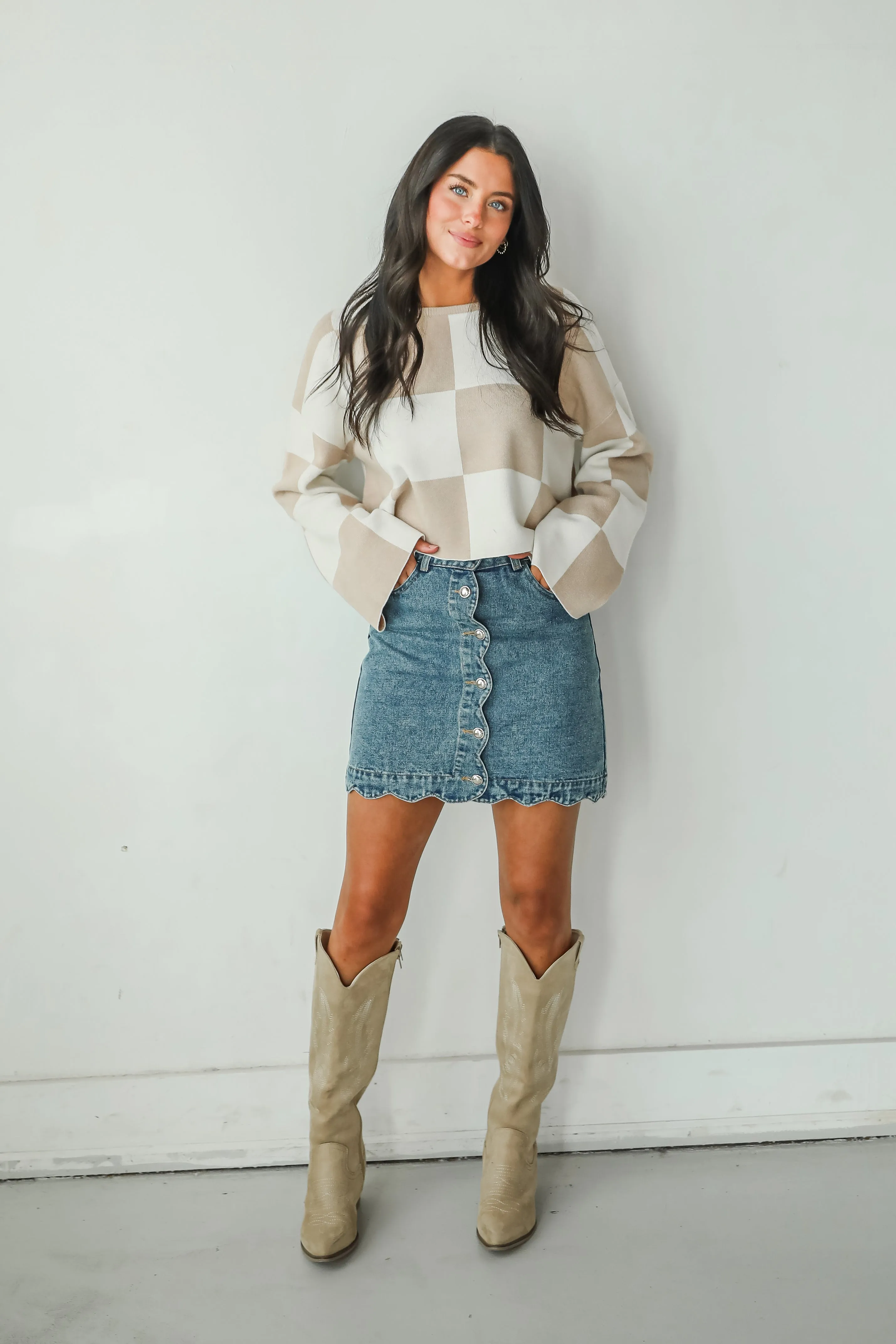FINAL SALE - Perfect Classic Taupe Checkered Cropped Sweater