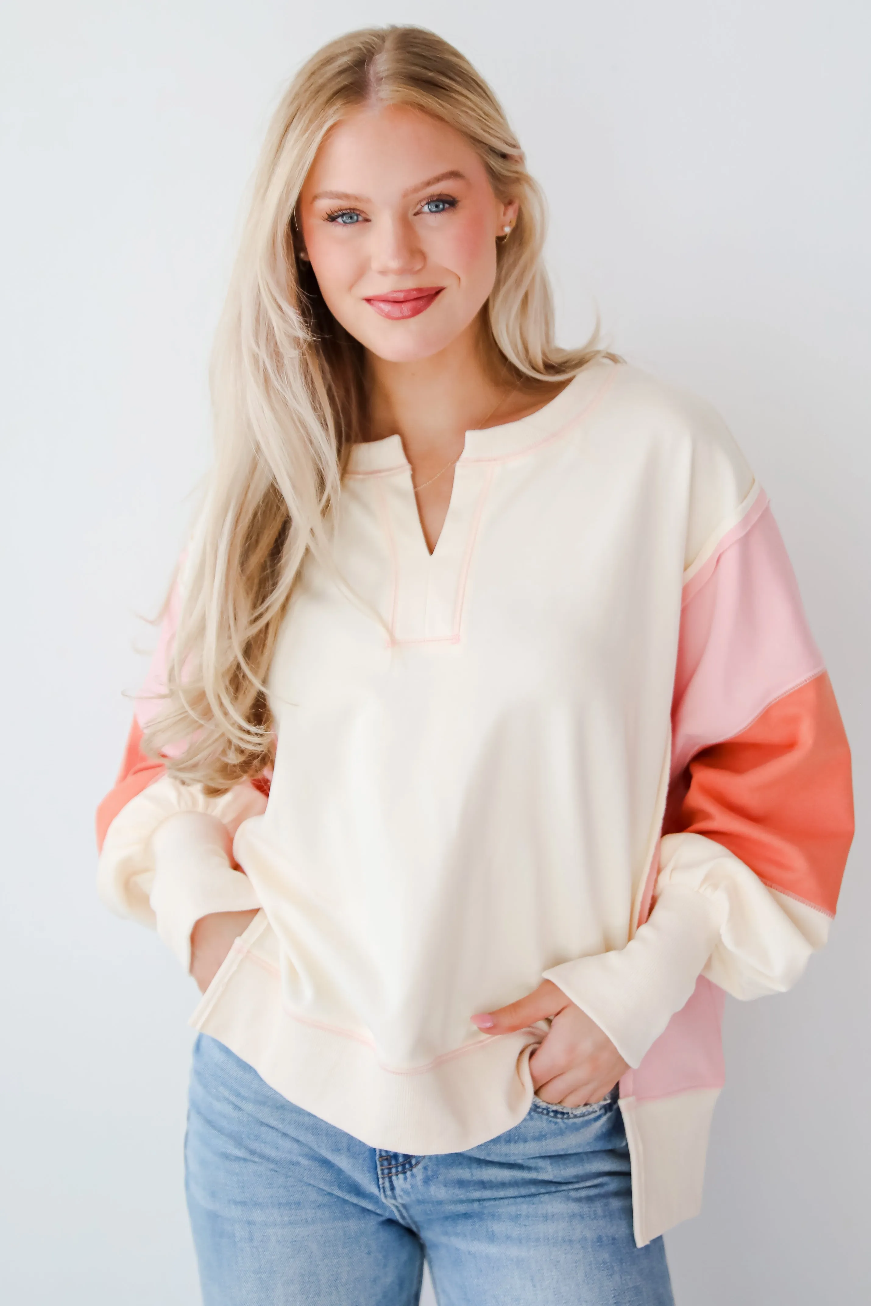 FINAL SALE - Perfect Coziness Cream Color Block Pullover