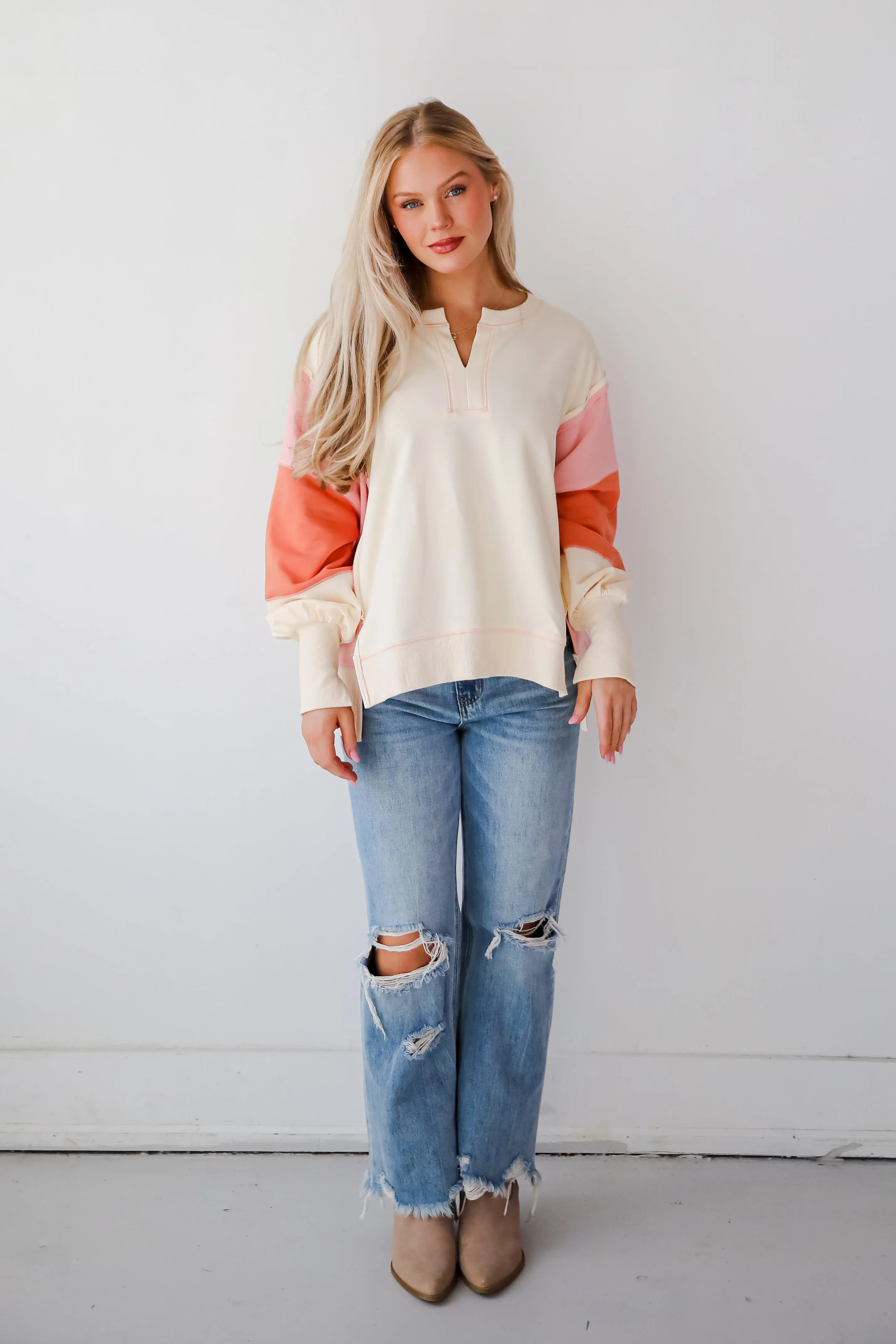 FINAL SALE - Perfect Coziness Cream Color Block Pullover