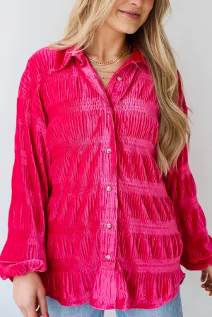 FINAL SALE - Perfectly Dramatic Fuchsia Velvet Button-Up Blouse