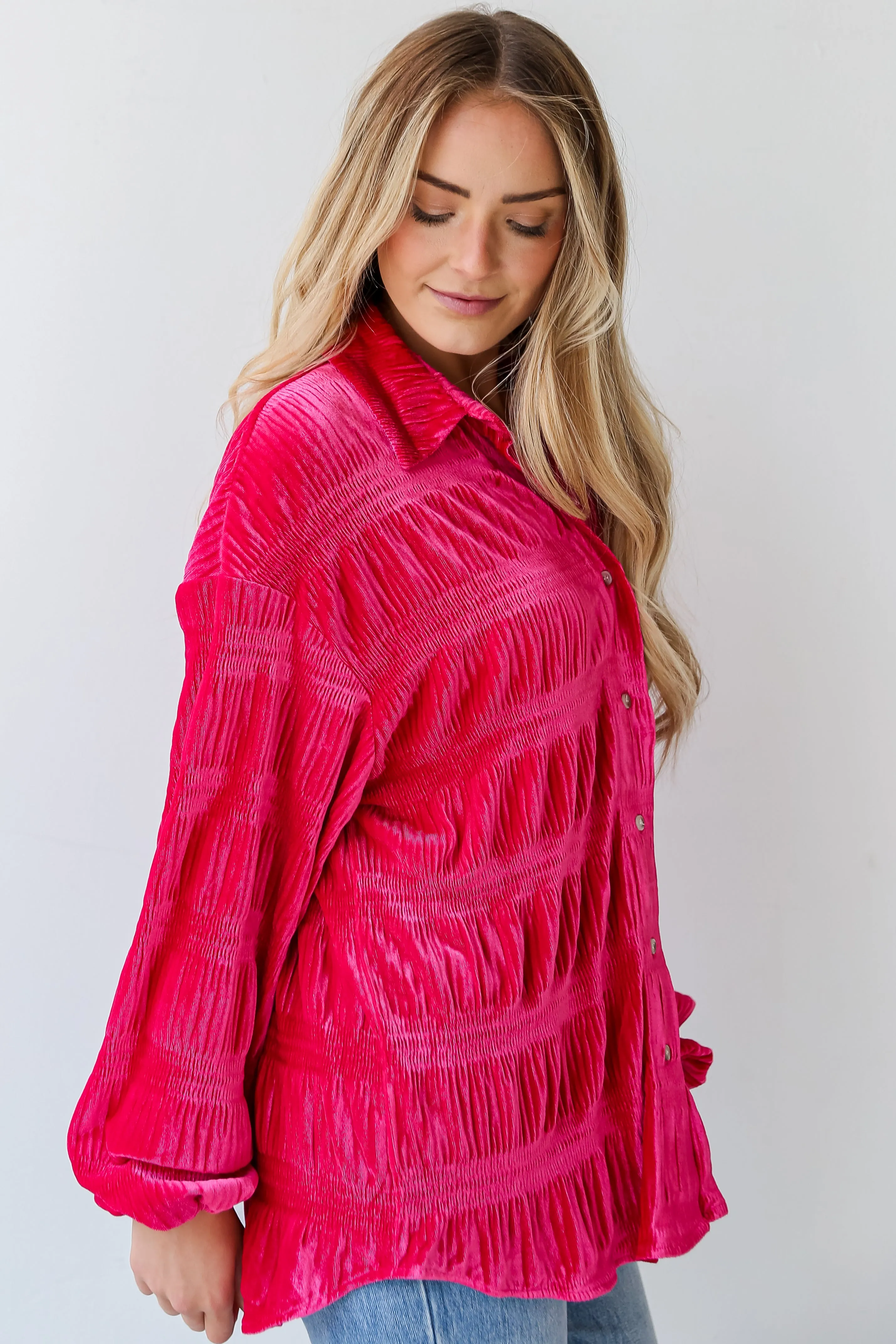 FINAL SALE - Perfectly Dramatic Fuchsia Velvet Button-Up Blouse