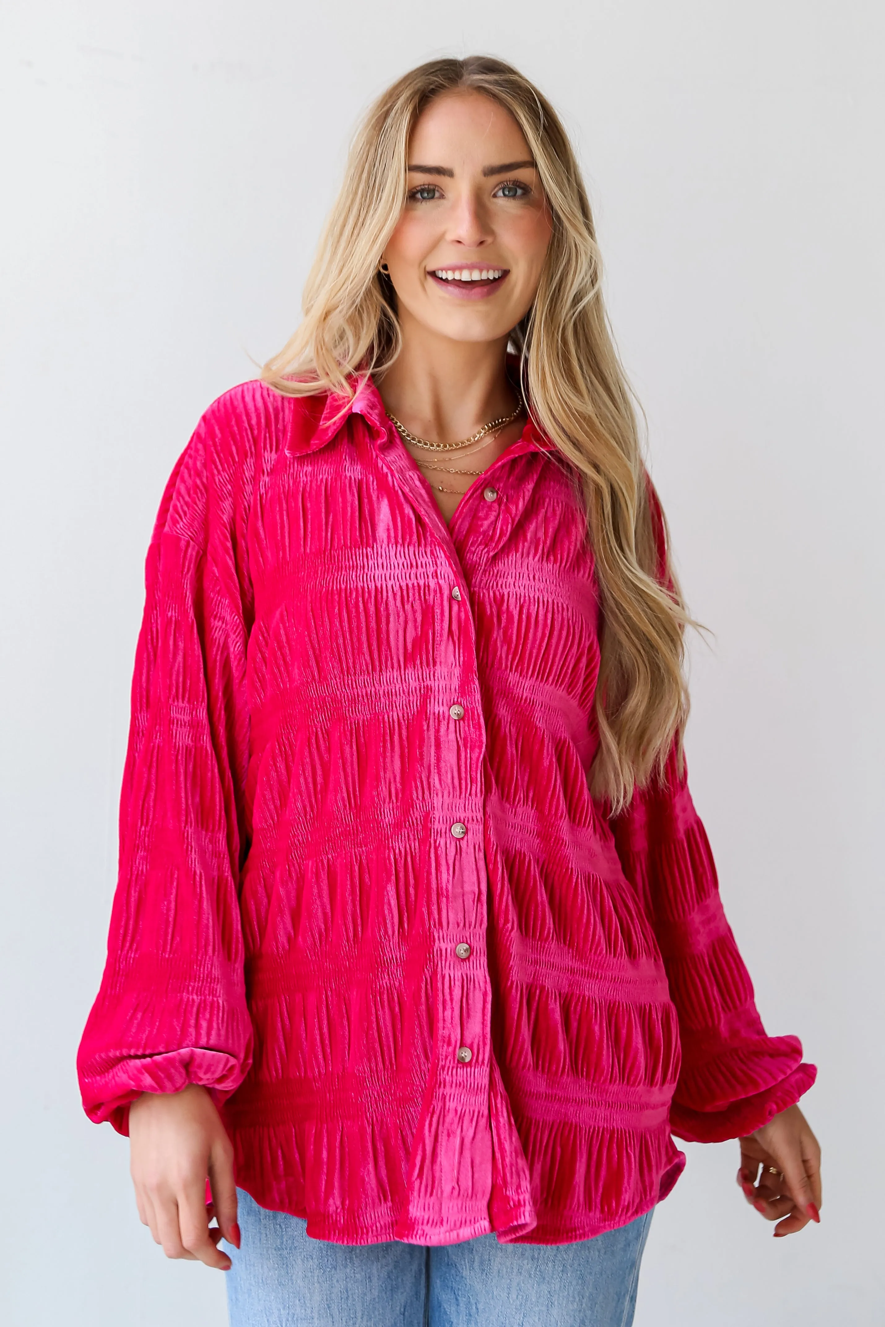 FINAL SALE - Perfectly Dramatic Fuchsia Velvet Button-Up Blouse