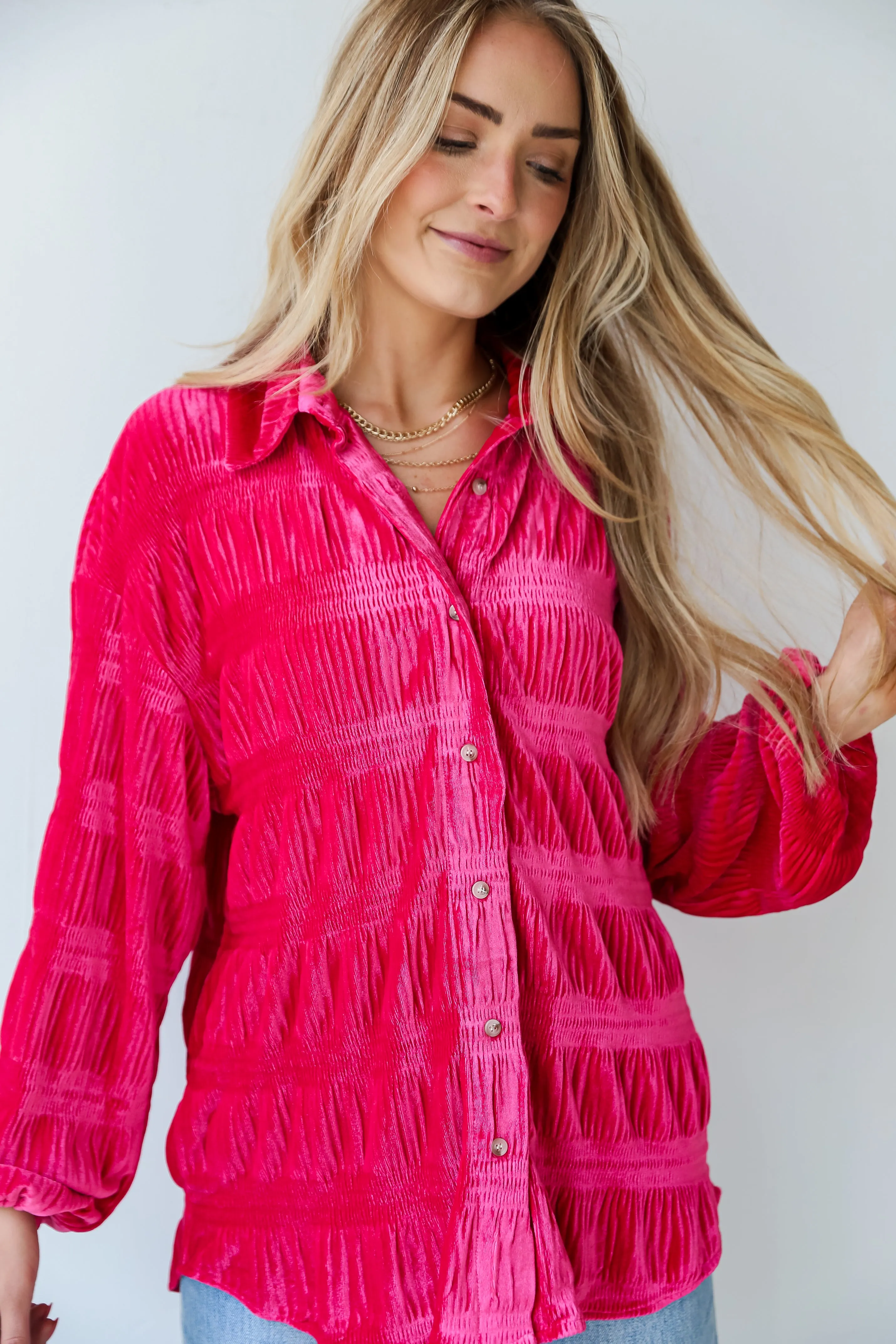 FINAL SALE - Perfectly Dramatic Fuchsia Velvet Button-Up Blouse