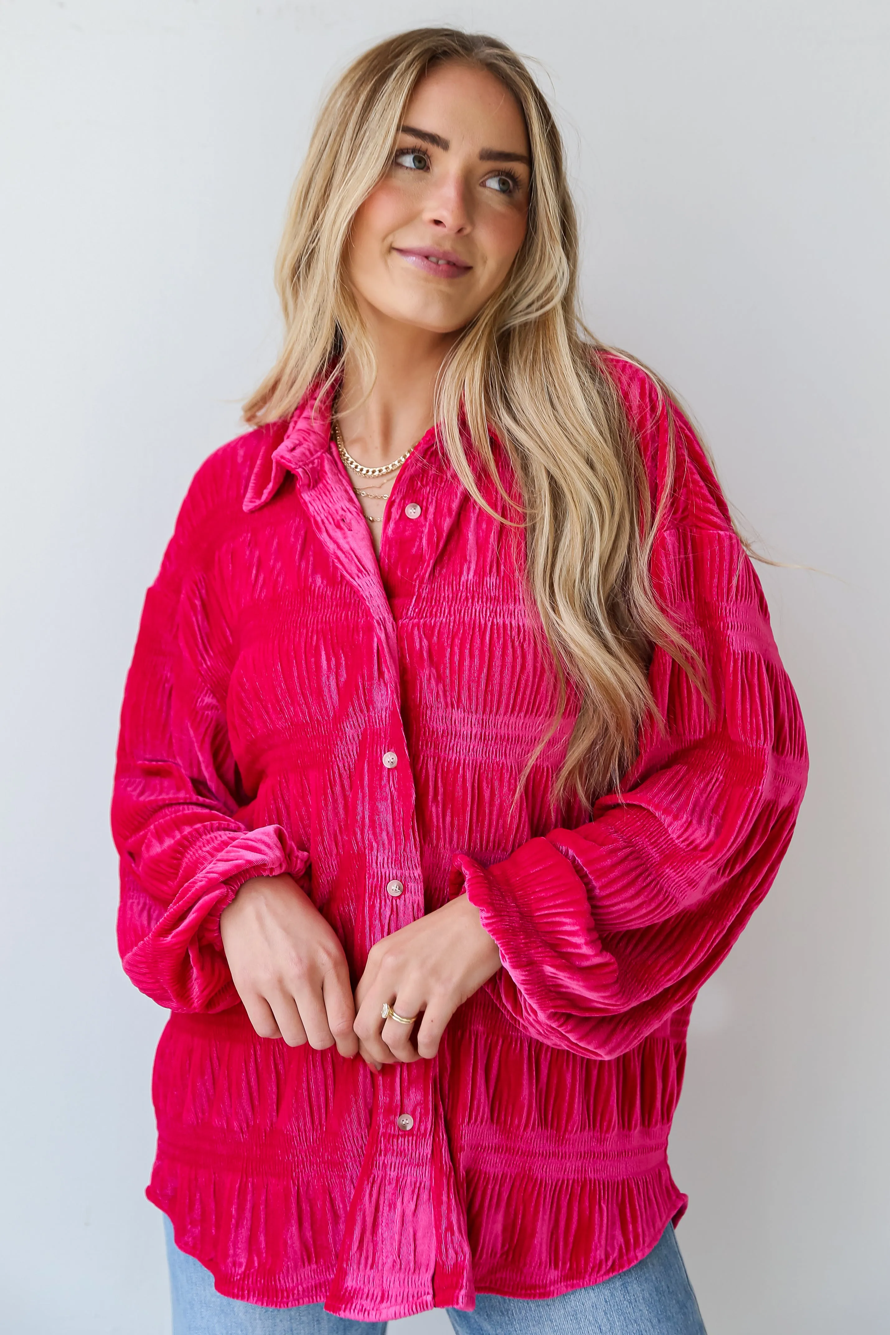FINAL SALE - Perfectly Dramatic Fuchsia Velvet Button-Up Blouse