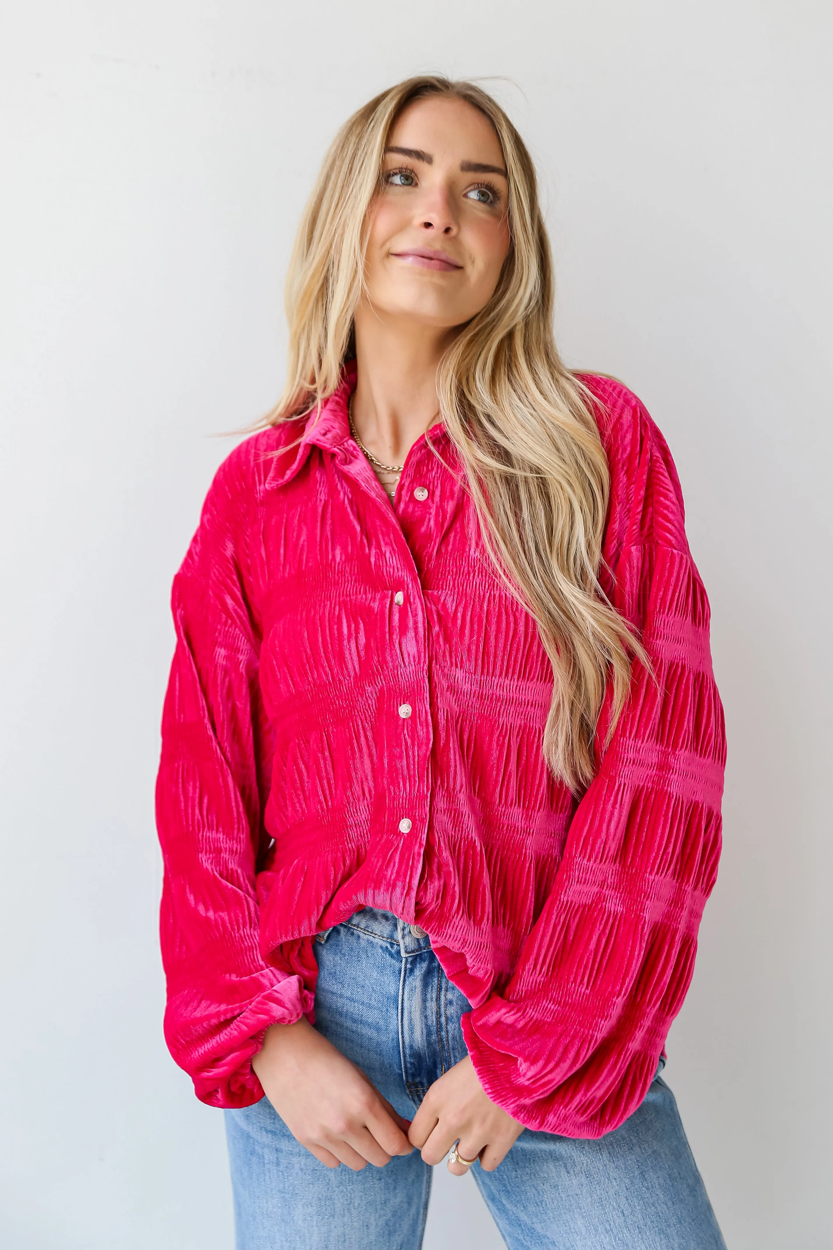 FINAL SALE - Perfectly Dramatic Fuchsia Velvet Button-Up Blouse