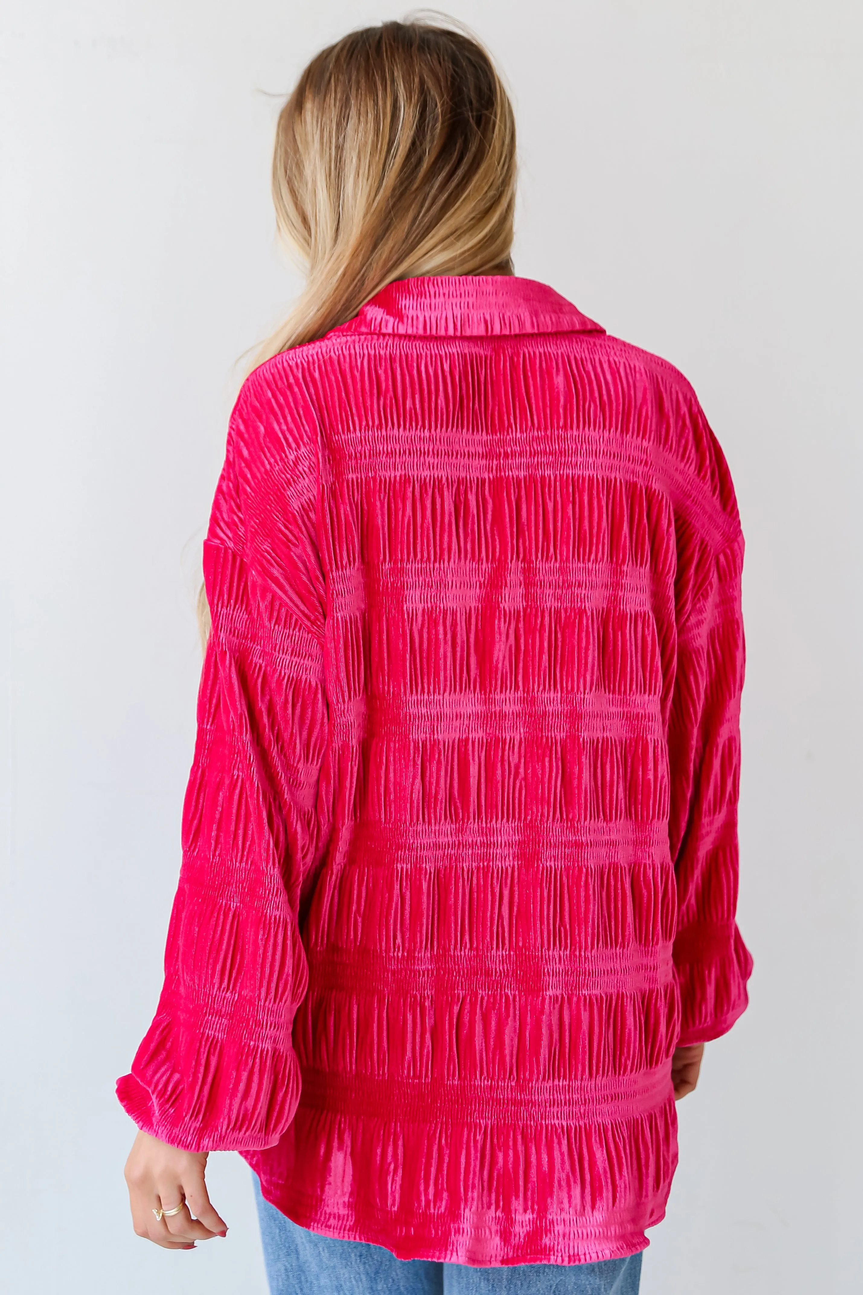 FINAL SALE - Perfectly Dramatic Fuchsia Velvet Button-Up Blouse