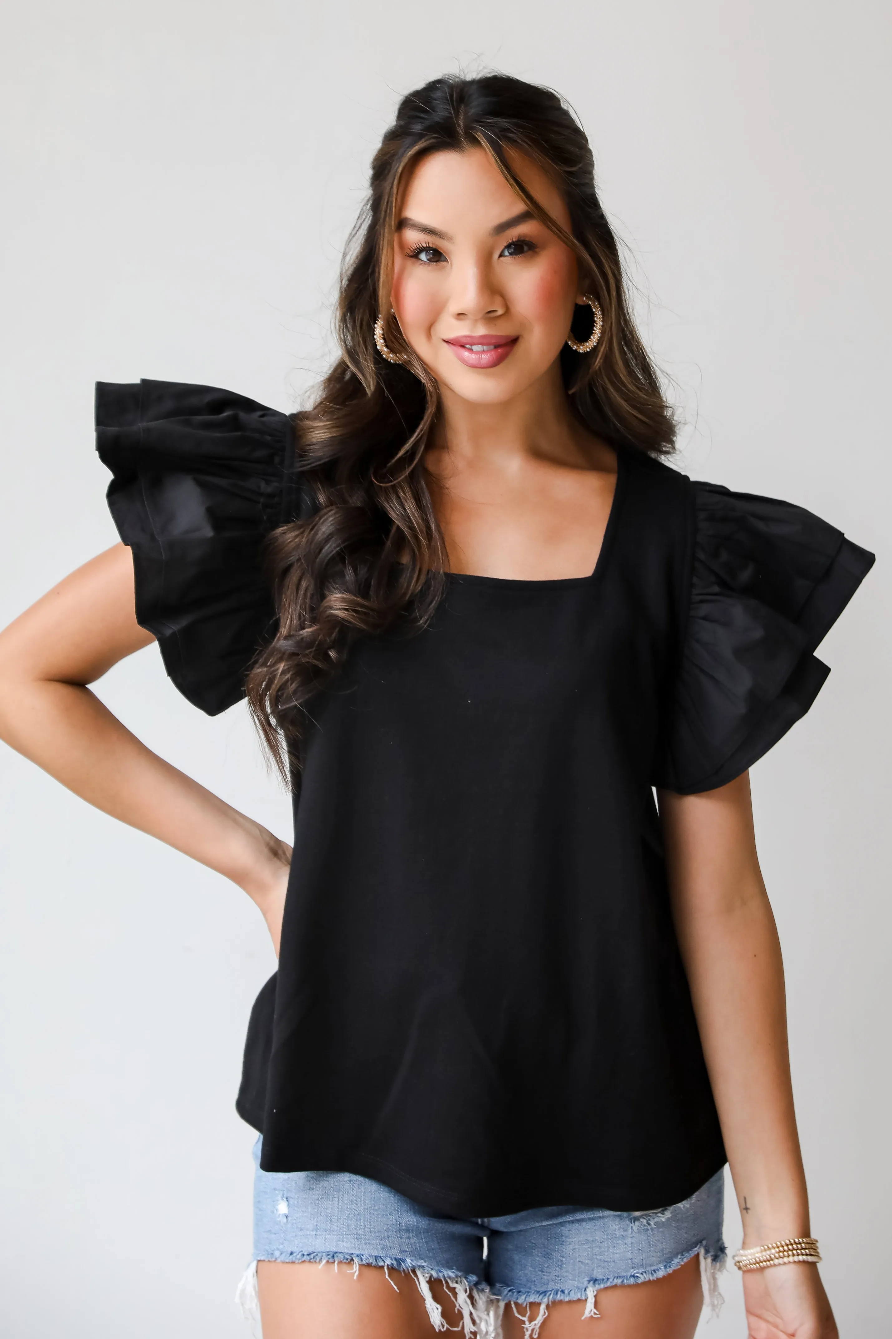 FINAL SALE - Popular Icon Black Ruffle Sleeve Blouse