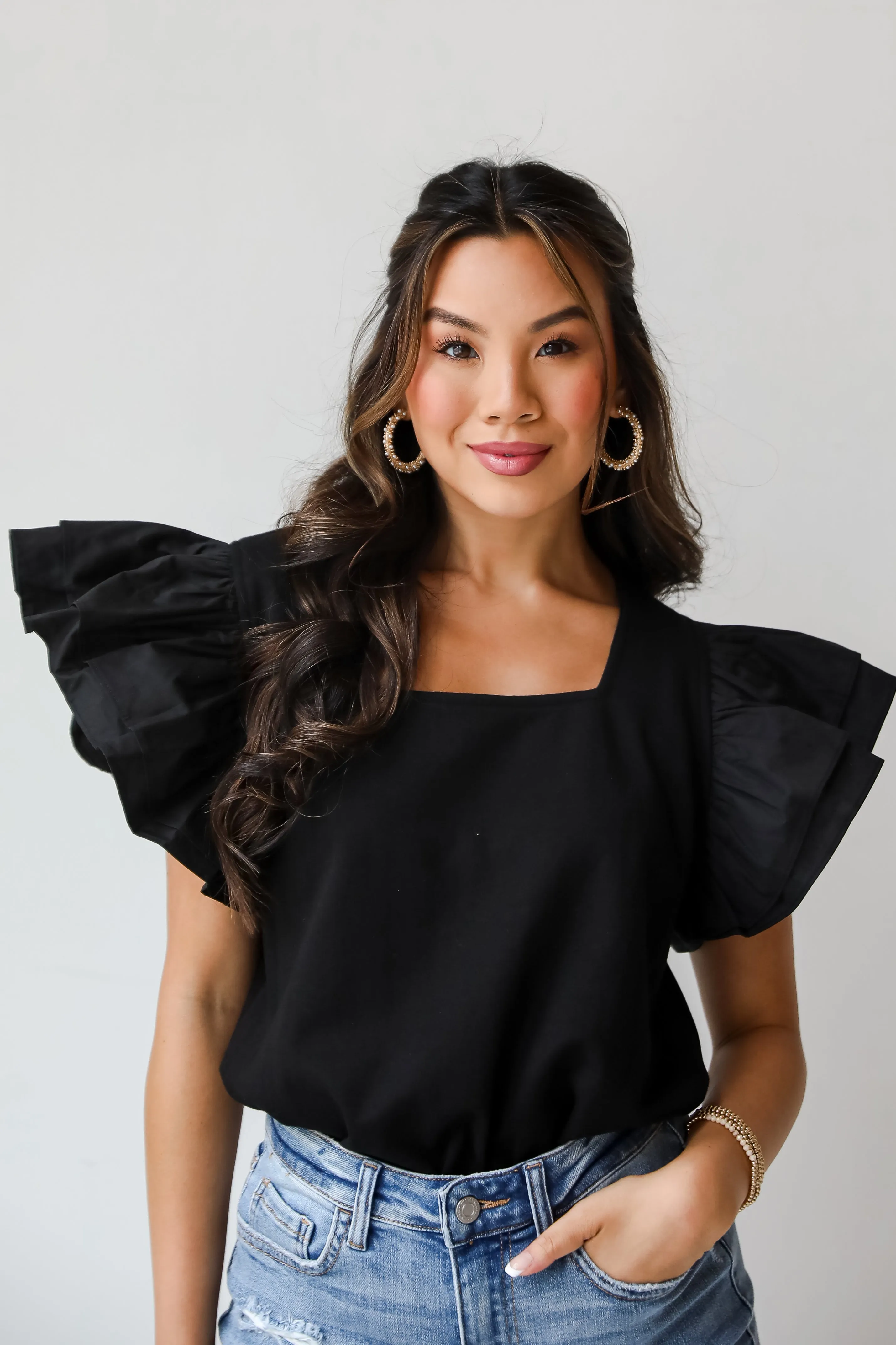 FINAL SALE - Popular Icon Black Ruffle Sleeve Blouse
