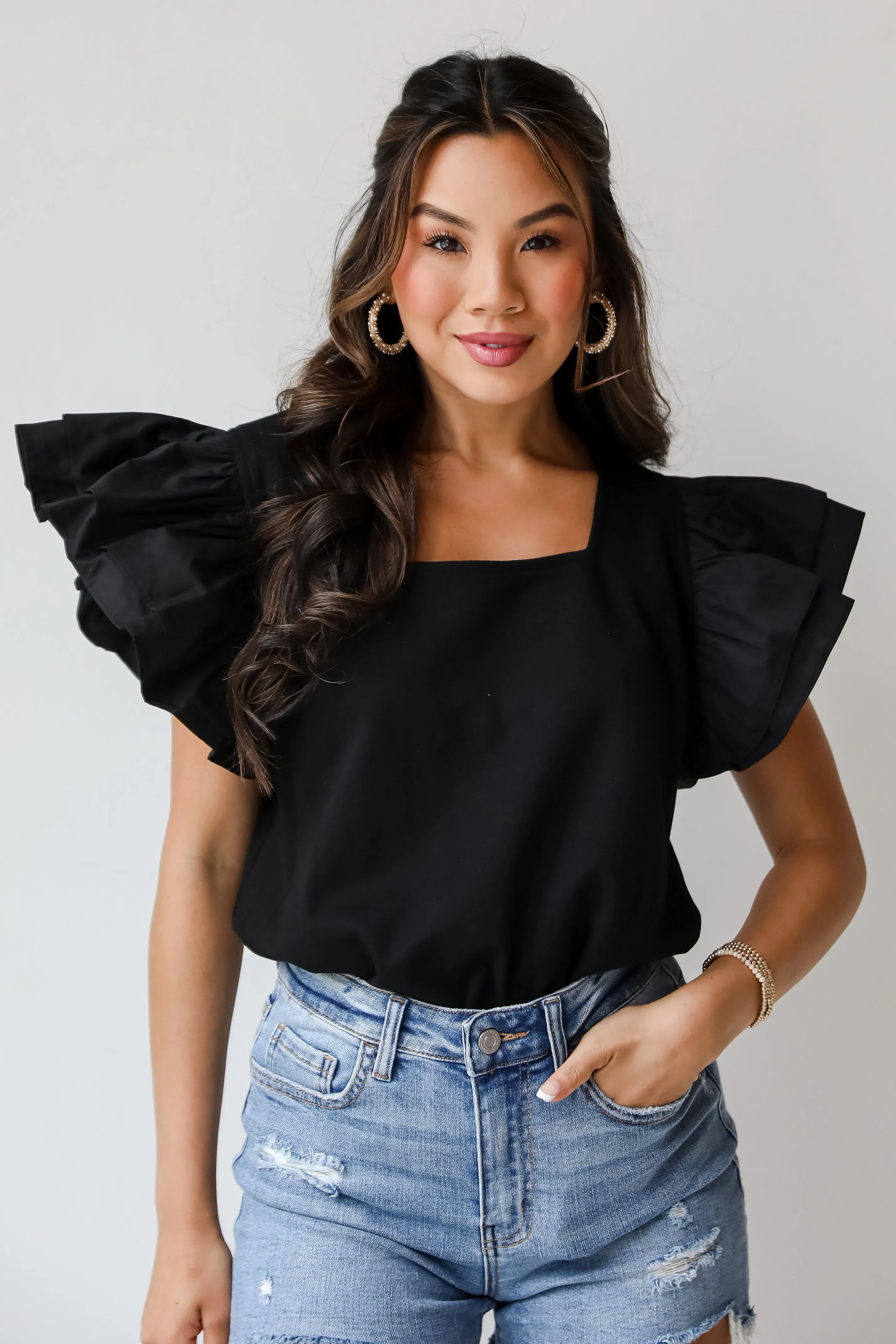 FINAL SALE - Popular Icon Black Ruffle Sleeve Blouse