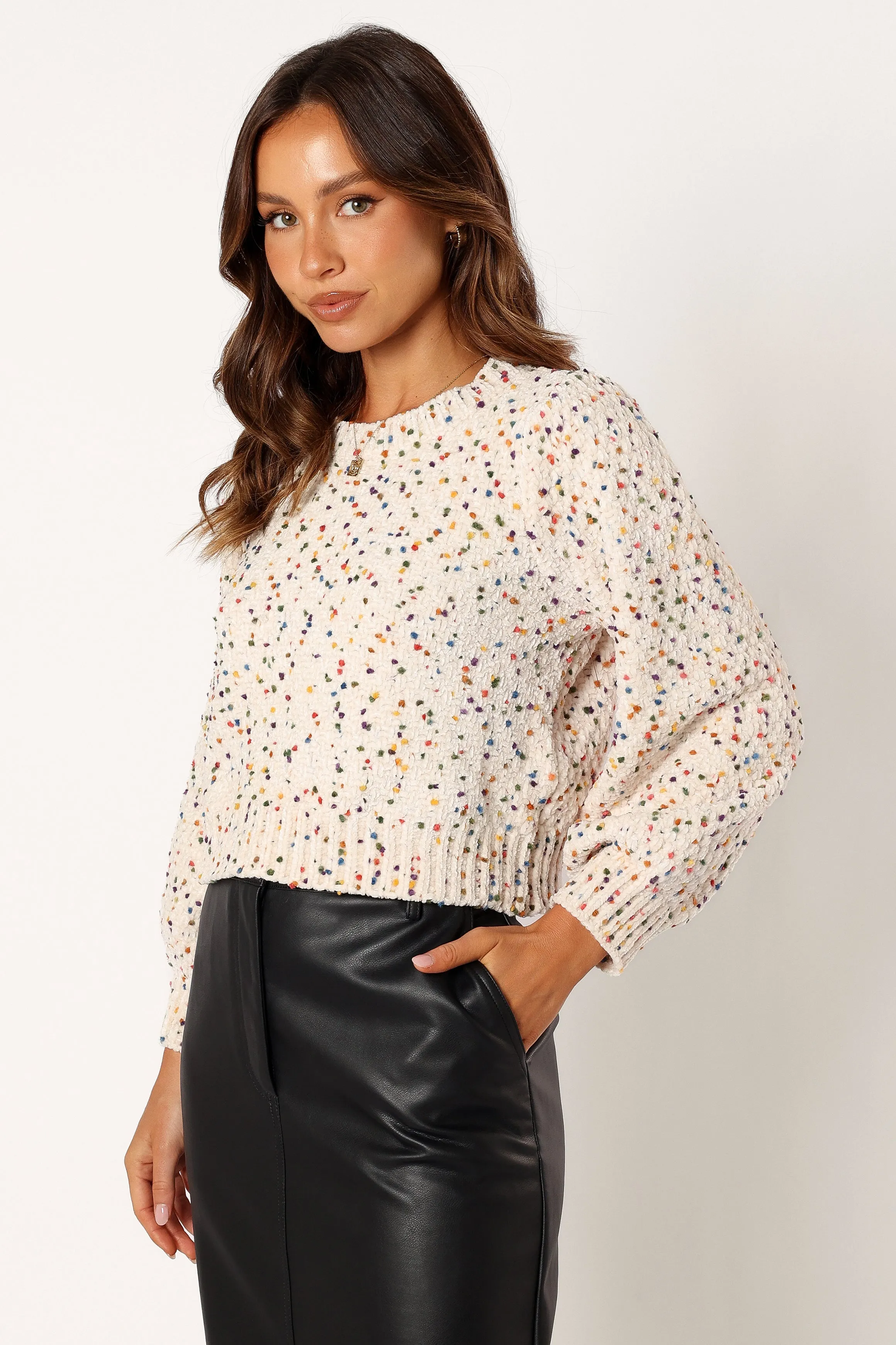 Giana Multi Dot Crewneck Knit Sweater - Cream Multi