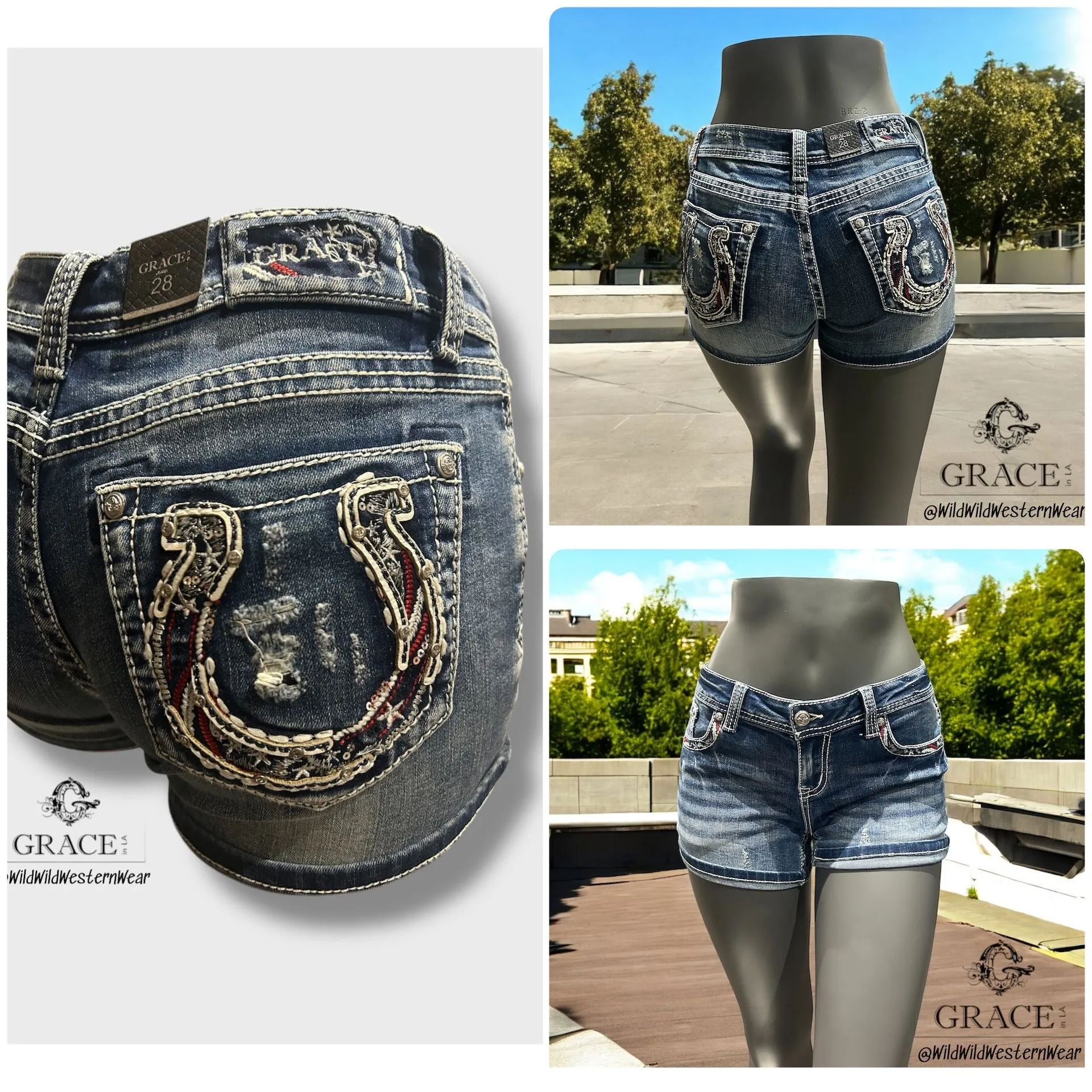 Grace Jeans Horseshoe Detail Pockets Low Rise Jean Short JHW51782