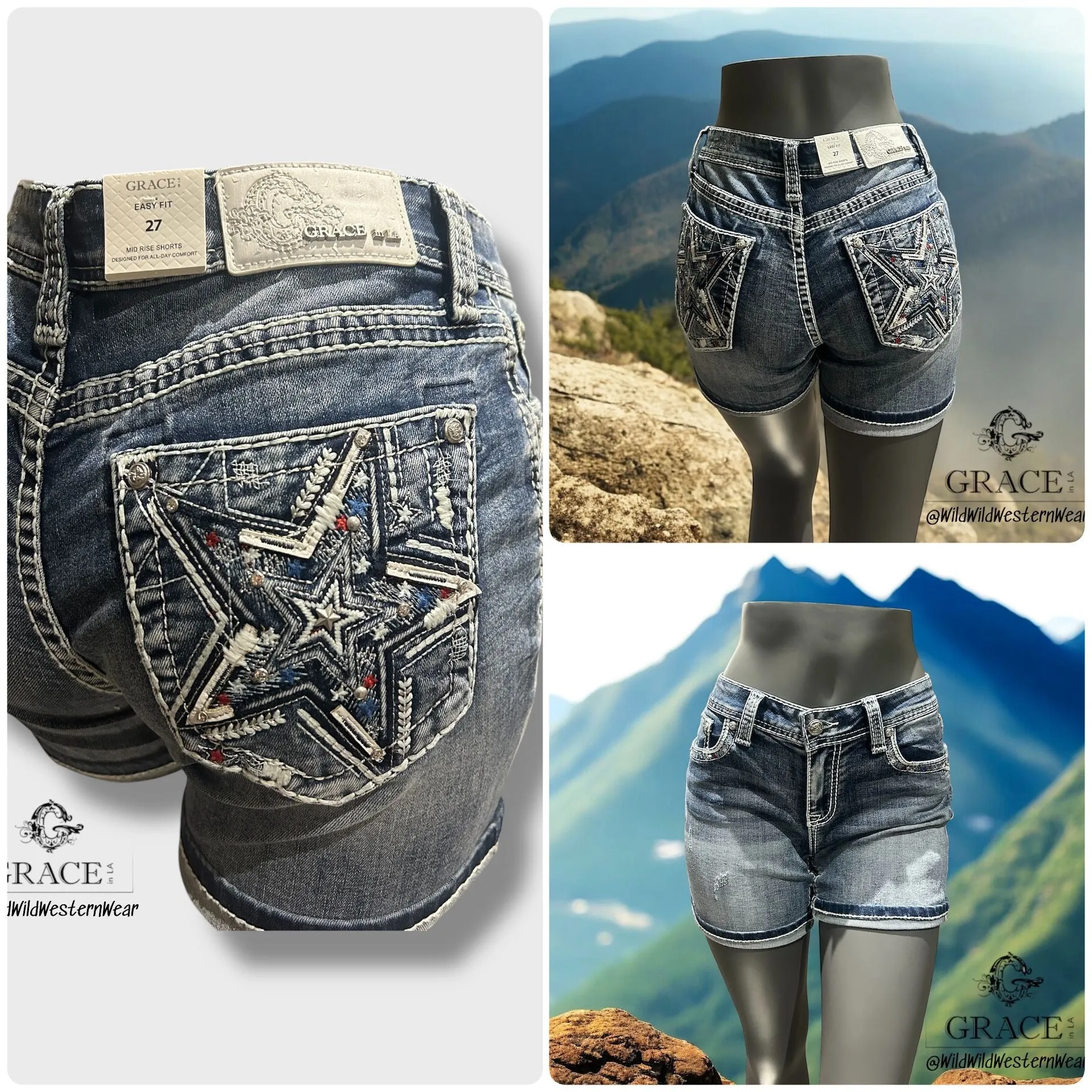 Grace Jeans Star Detail Pockets Mid Rise Jean Shorts EH51949