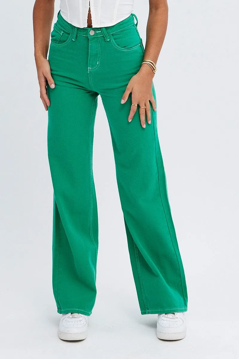 Green Wide Leg Jeans Mid Rise