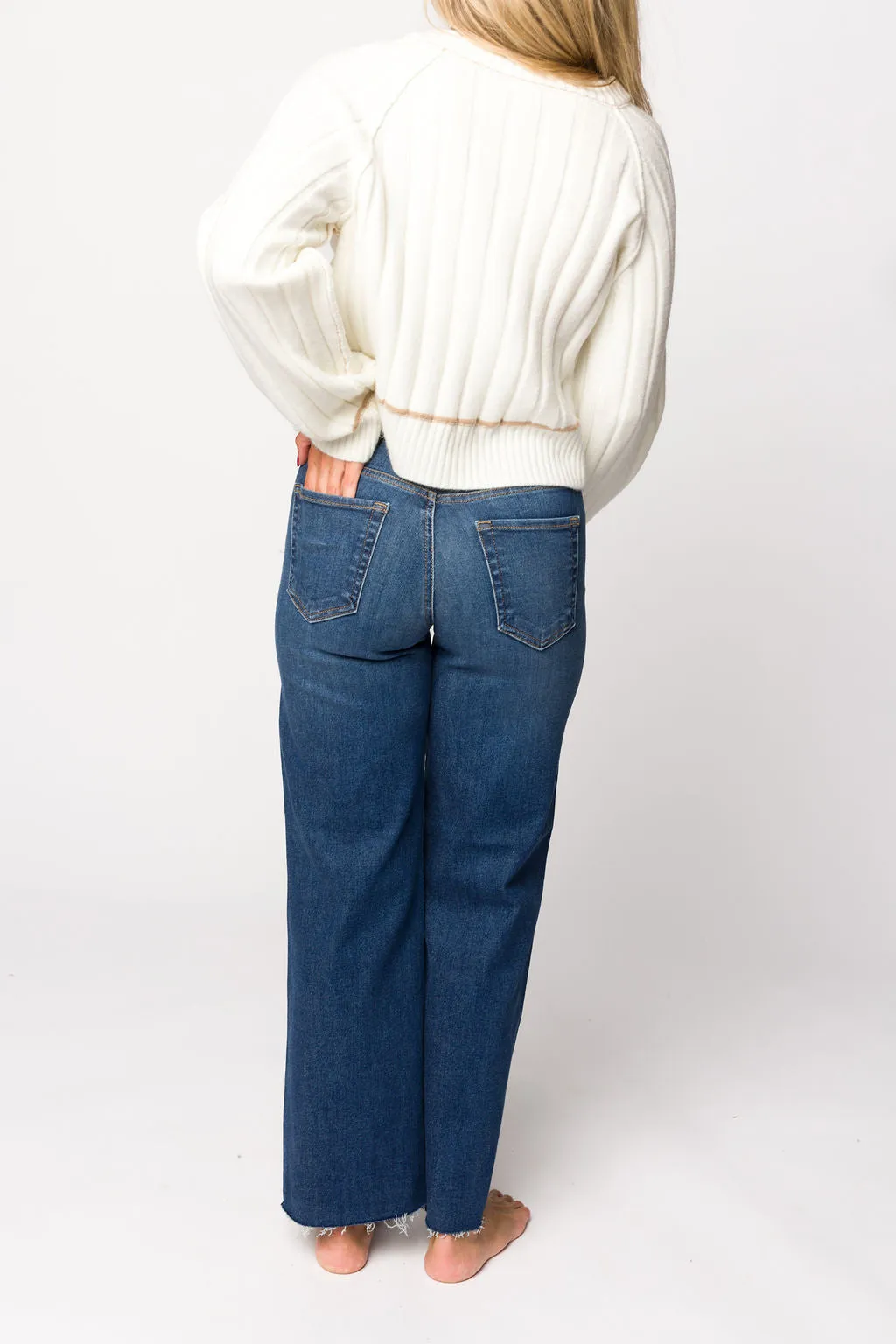 Morgan Slim Palazzo Jean with Scissor Cut in Dark Denim