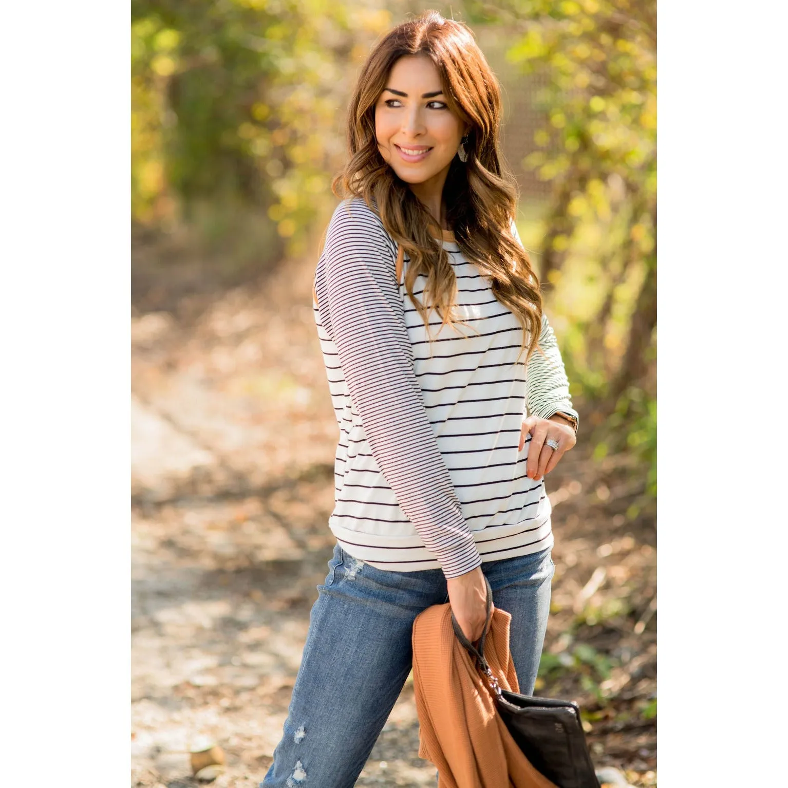 Multi Striped Solid Neck Long Sleeve Tee