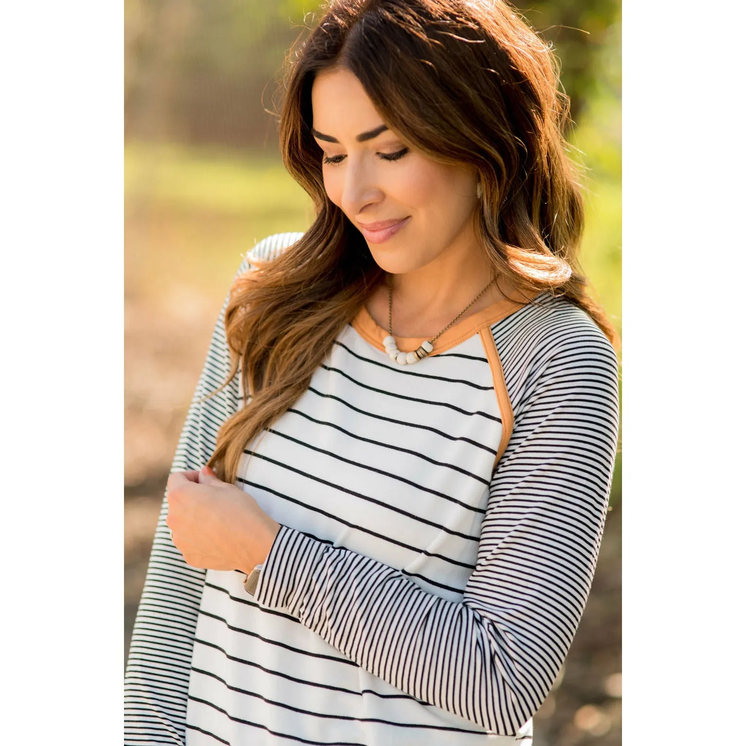 Multi Striped Solid Neck Long Sleeve Tee