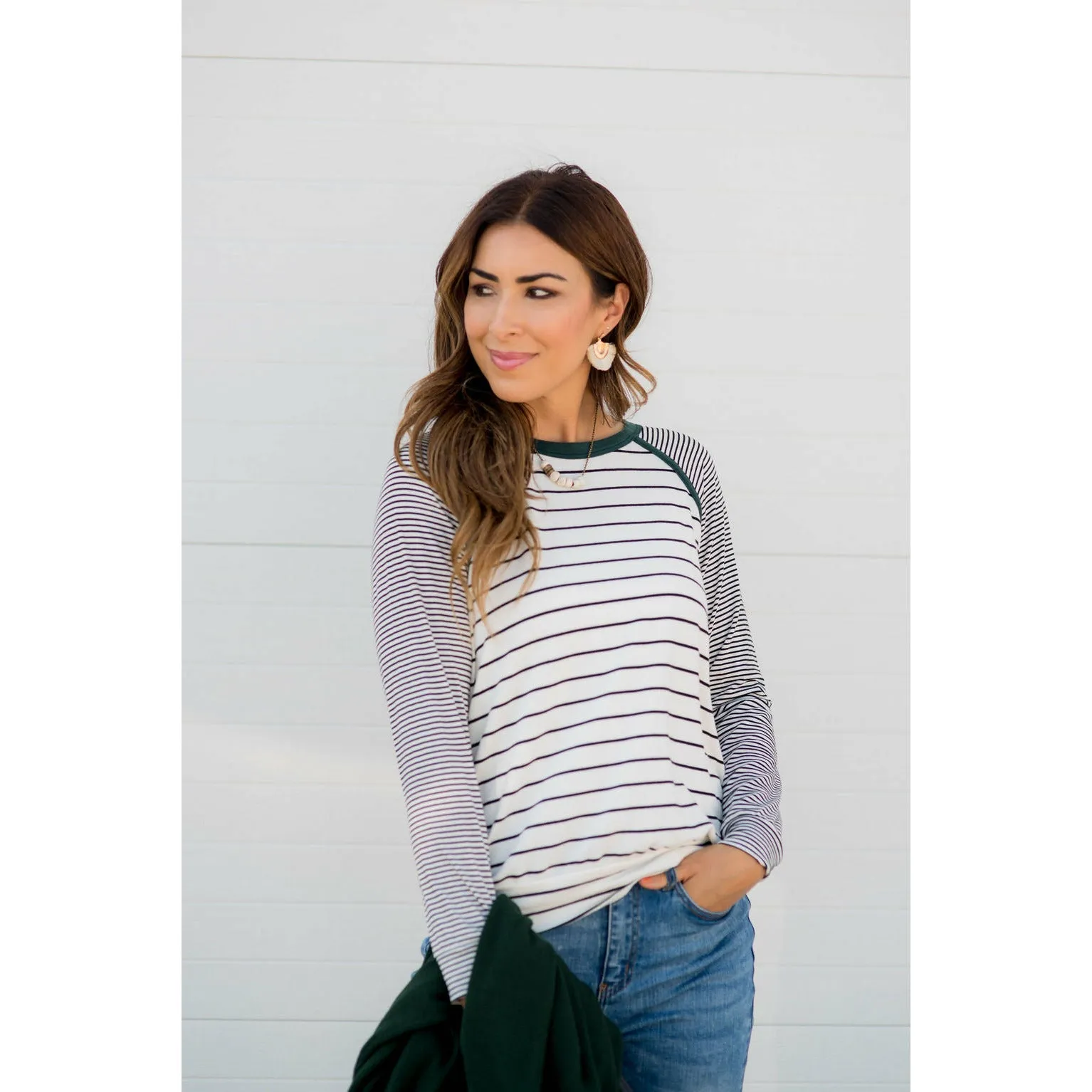 Multi Striped Solid Neck Long Sleeve Tee