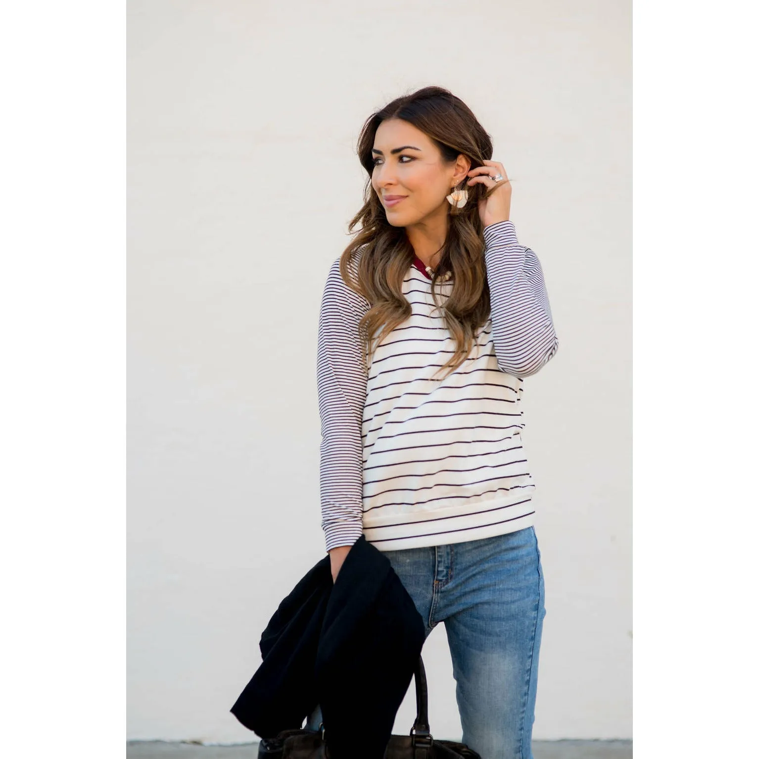 Multi Striped Solid Neck Long Sleeve Tee