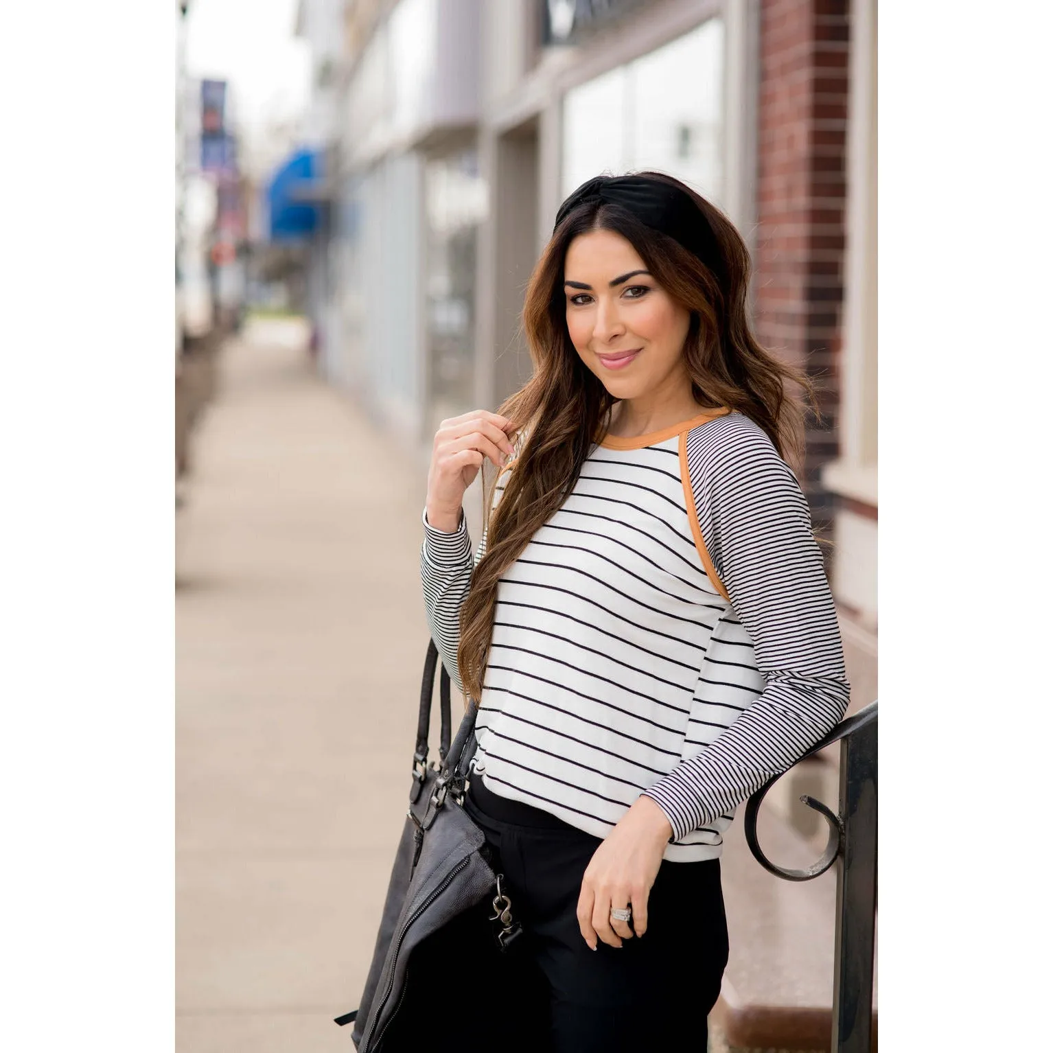 Multi Striped Solid Neck Long Sleeve Tee