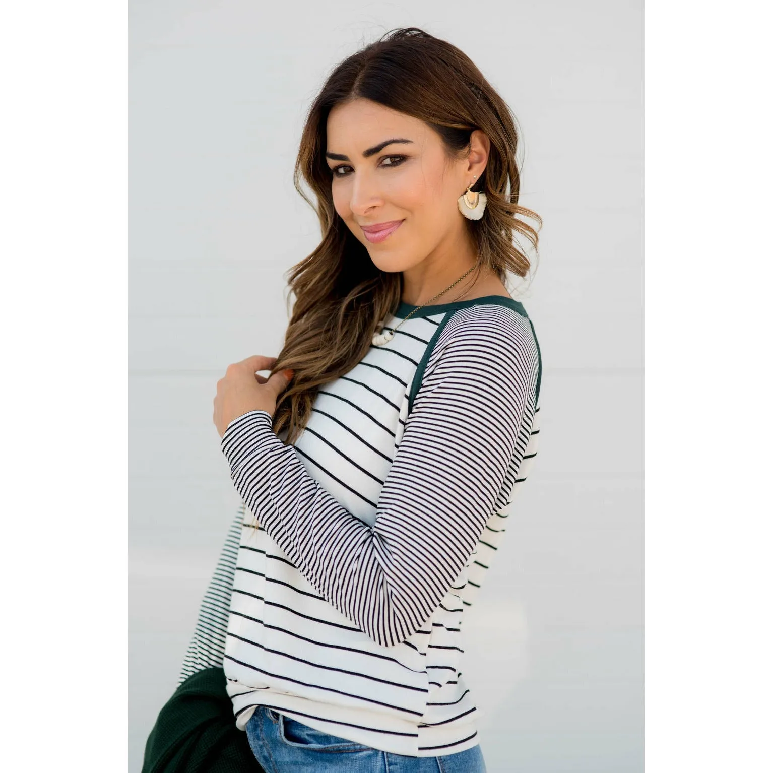 Multi Striped Solid Neck Long Sleeve Tee