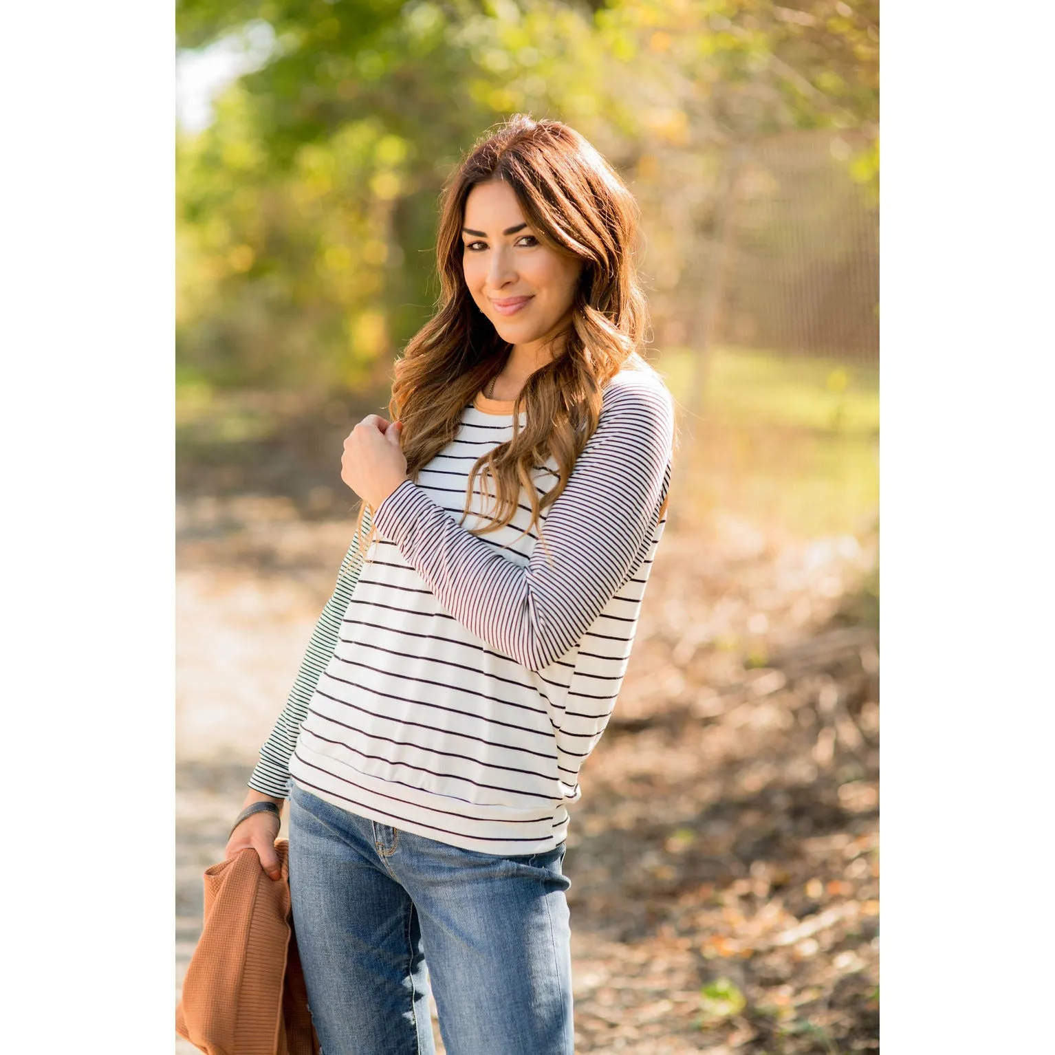 Multi Striped Solid Neck Long Sleeve Tee