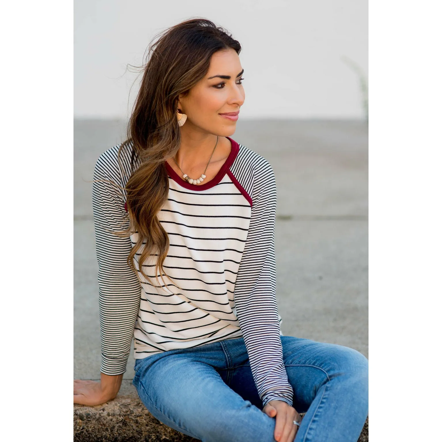 Multi Striped Solid Neck Long Sleeve Tee