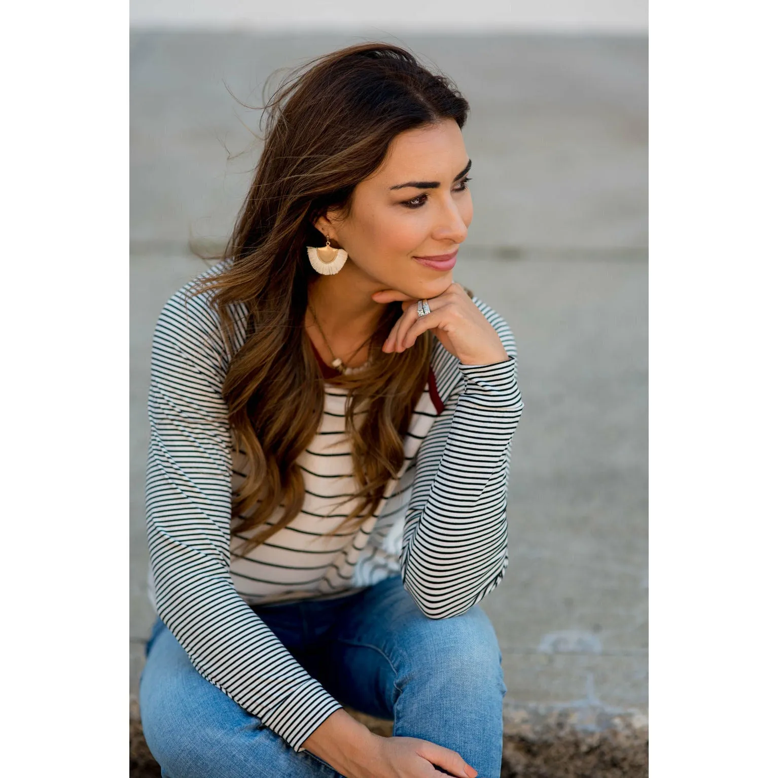 Multi Striped Solid Neck Long Sleeve Tee