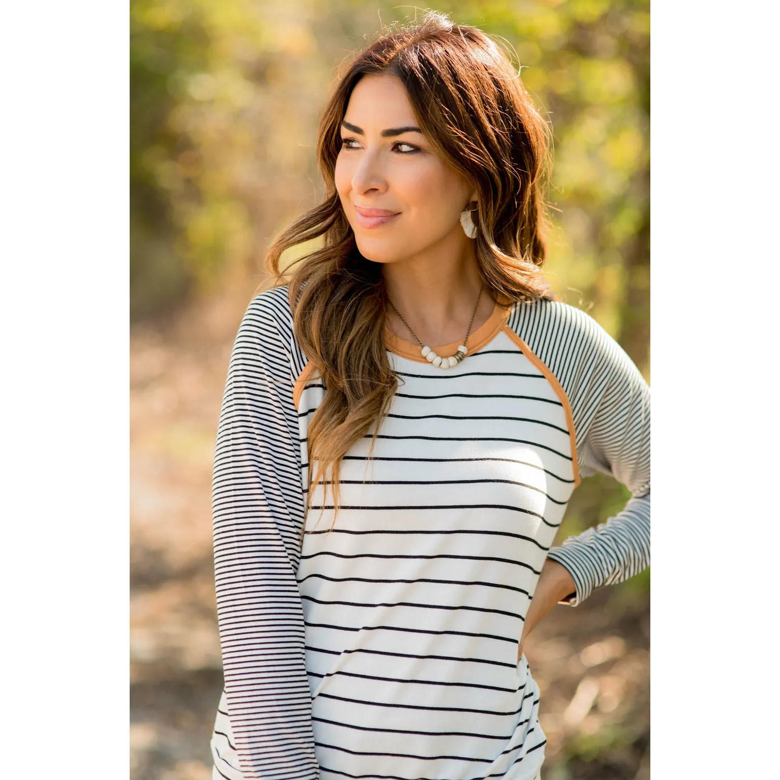 Multi Striped Solid Neck Long Sleeve Tee