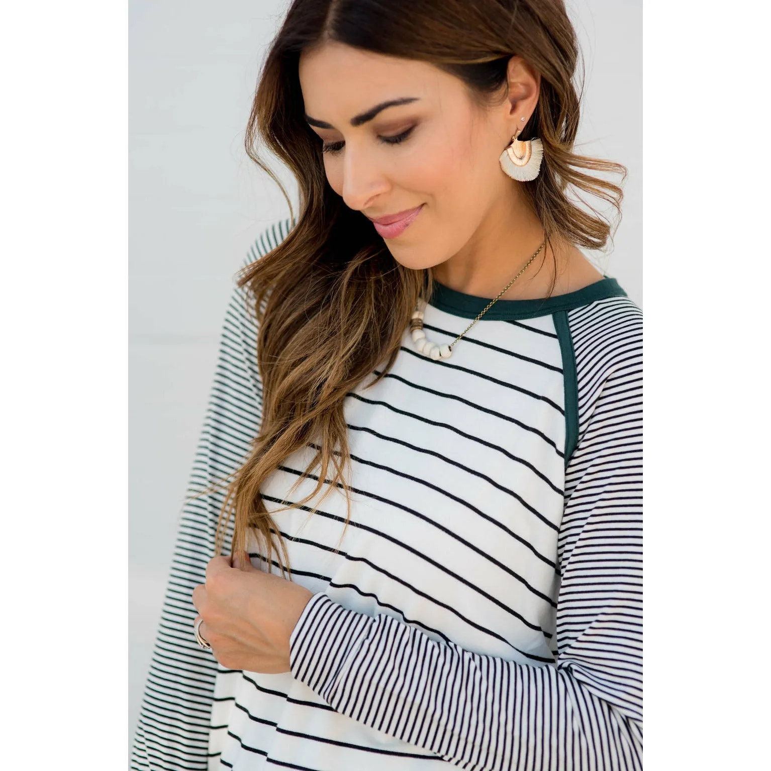 Multi Striped Solid Neck Long Sleeve Tee