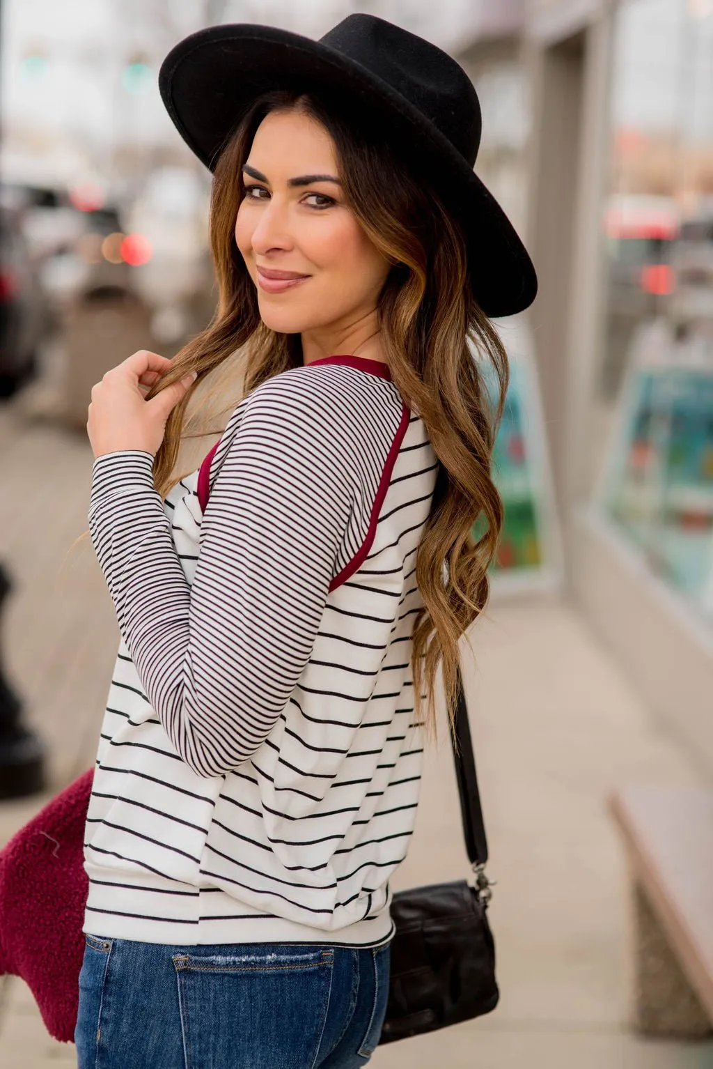 Multi Striped Solid Neck Long Sleeve Tee
