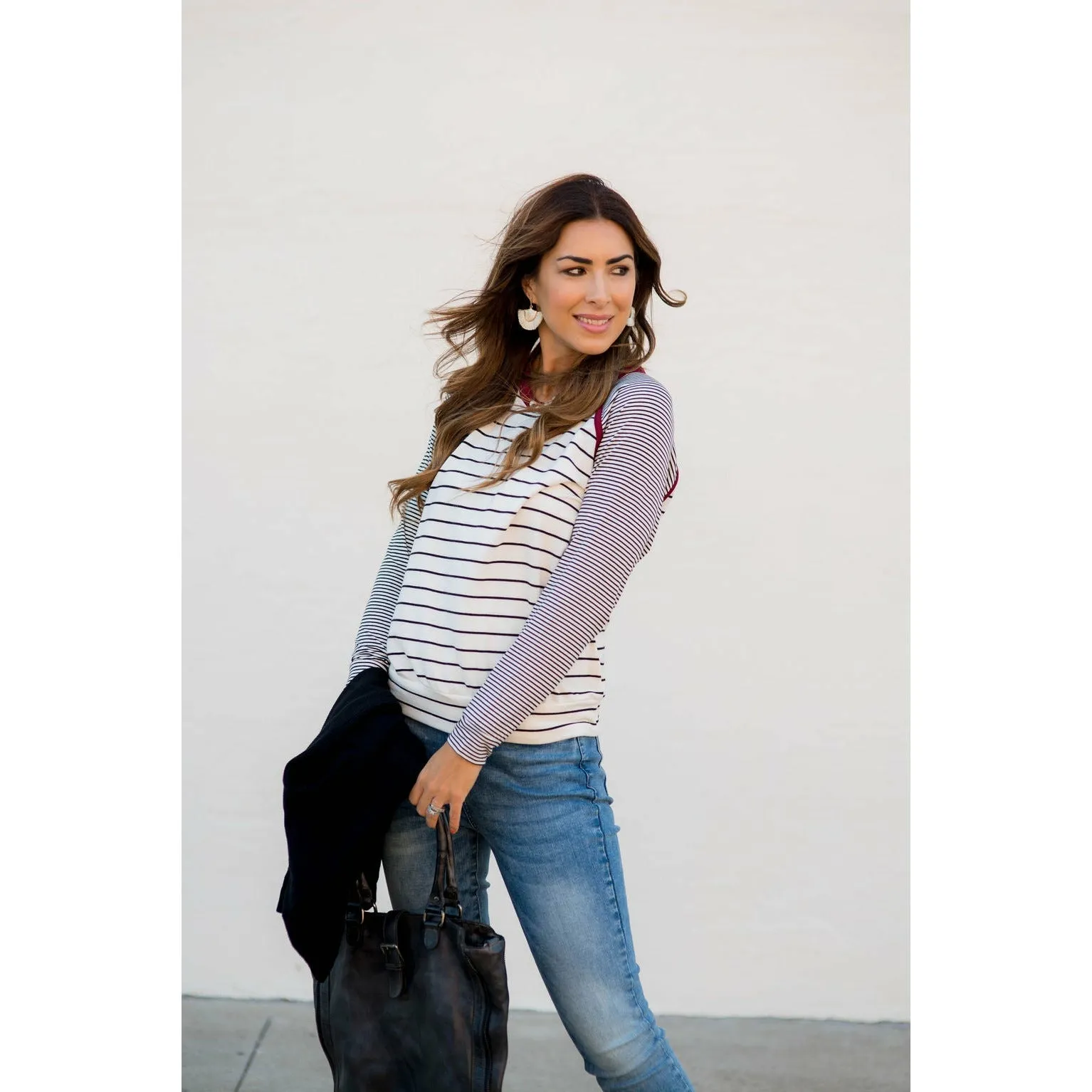 Multi Striped Solid Neck Long Sleeve Tee
