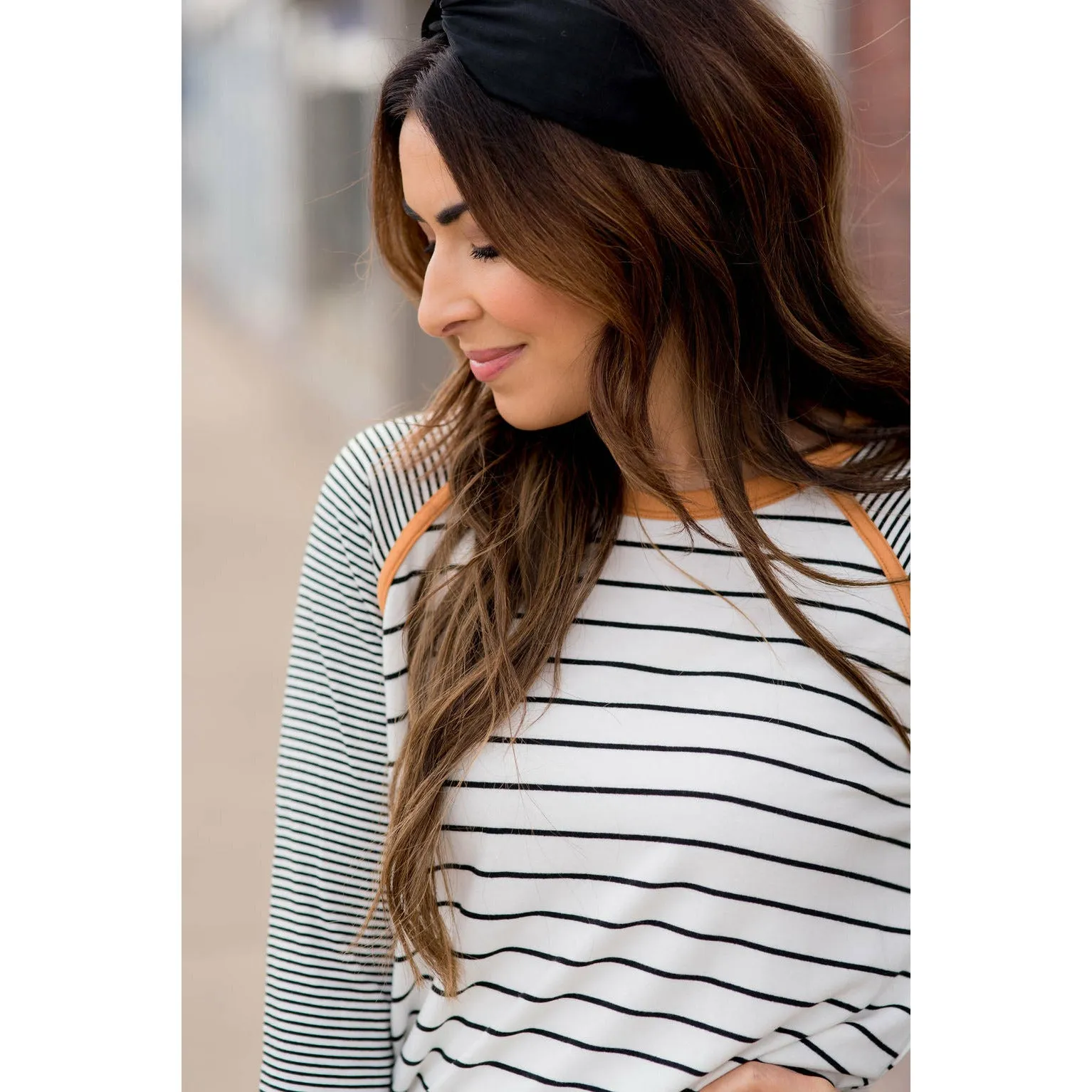 Multi Striped Solid Neck Long Sleeve Tee