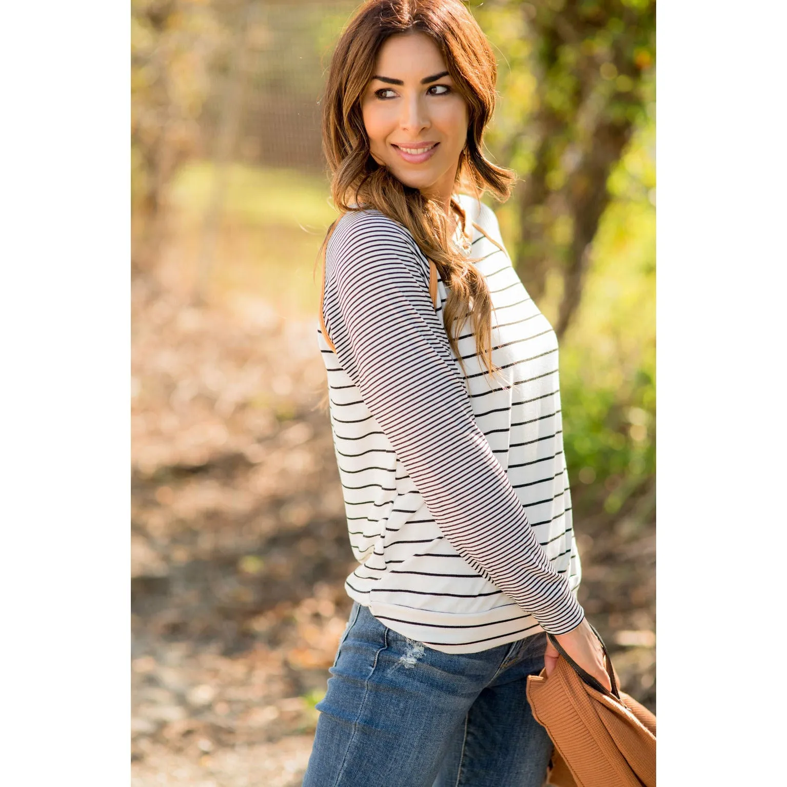 Multi Striped Solid Neck Long Sleeve Tee