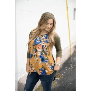 Mustard Floral Front Baseball Tee