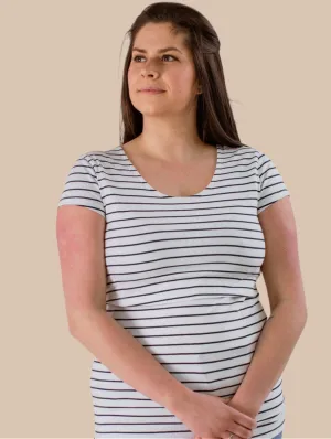 Nursing Short Sleeve Twin Pack Cotton T-Shirt | Navy & White Stripes