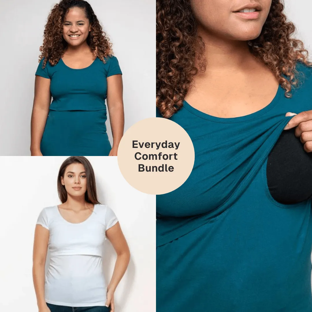 Nursing Short Sleeve Twin Pack Cotton T-Shirt | White & Teal