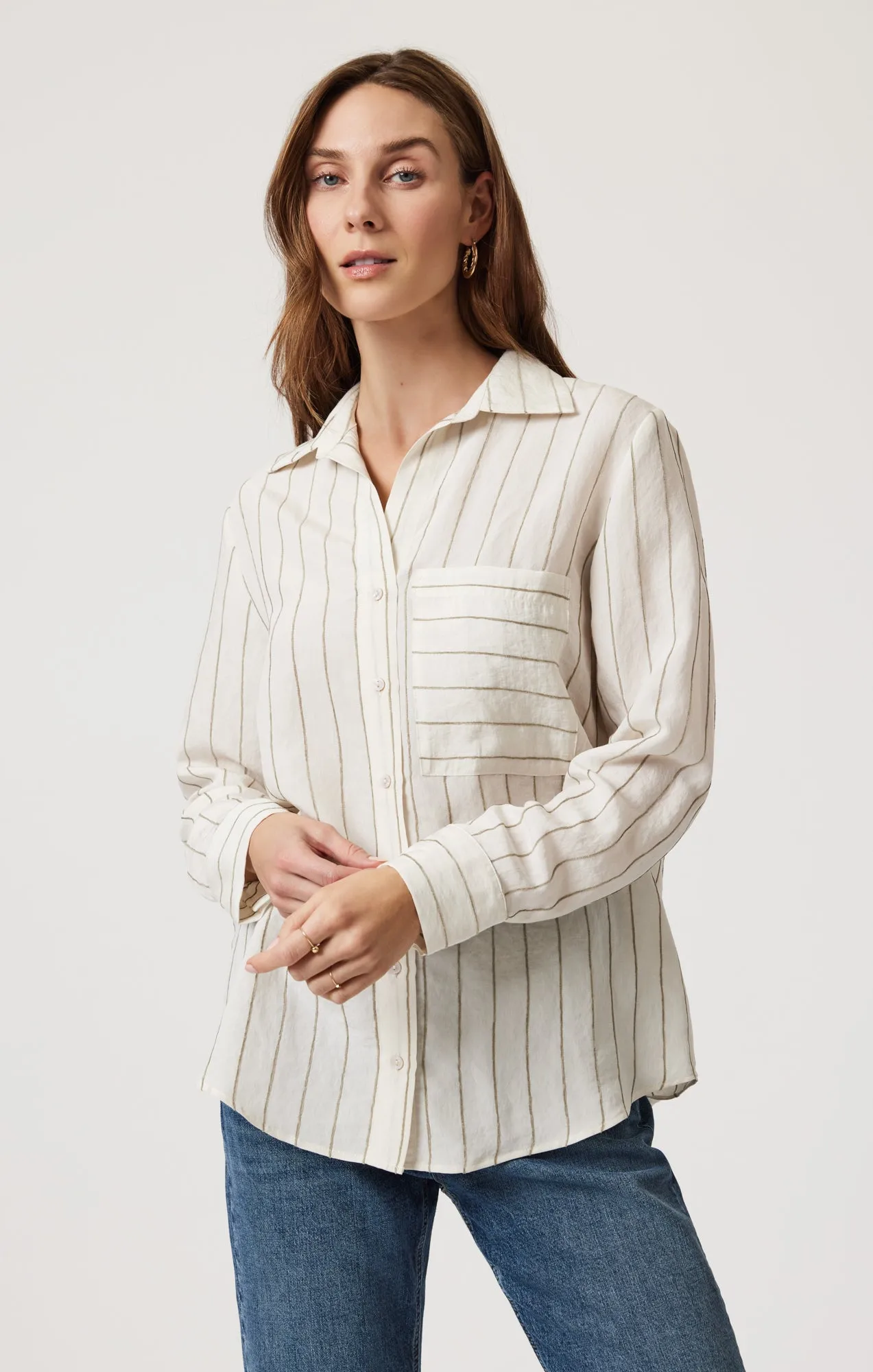 POCKET LONG SLEEVE SHIRT IN KHAKI STRIPE