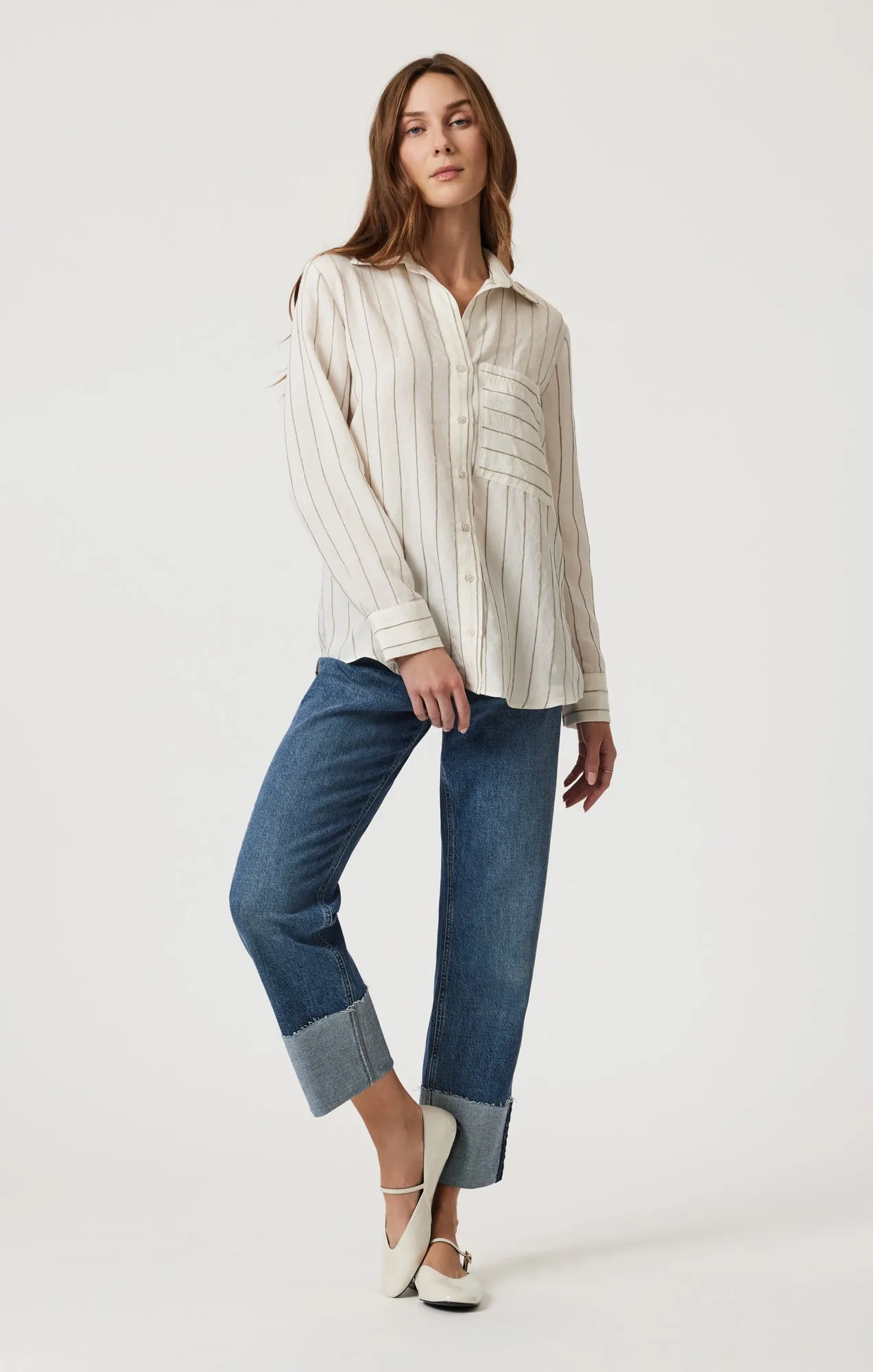 POCKET LONG SLEEVE SHIRT IN KHAKI STRIPE