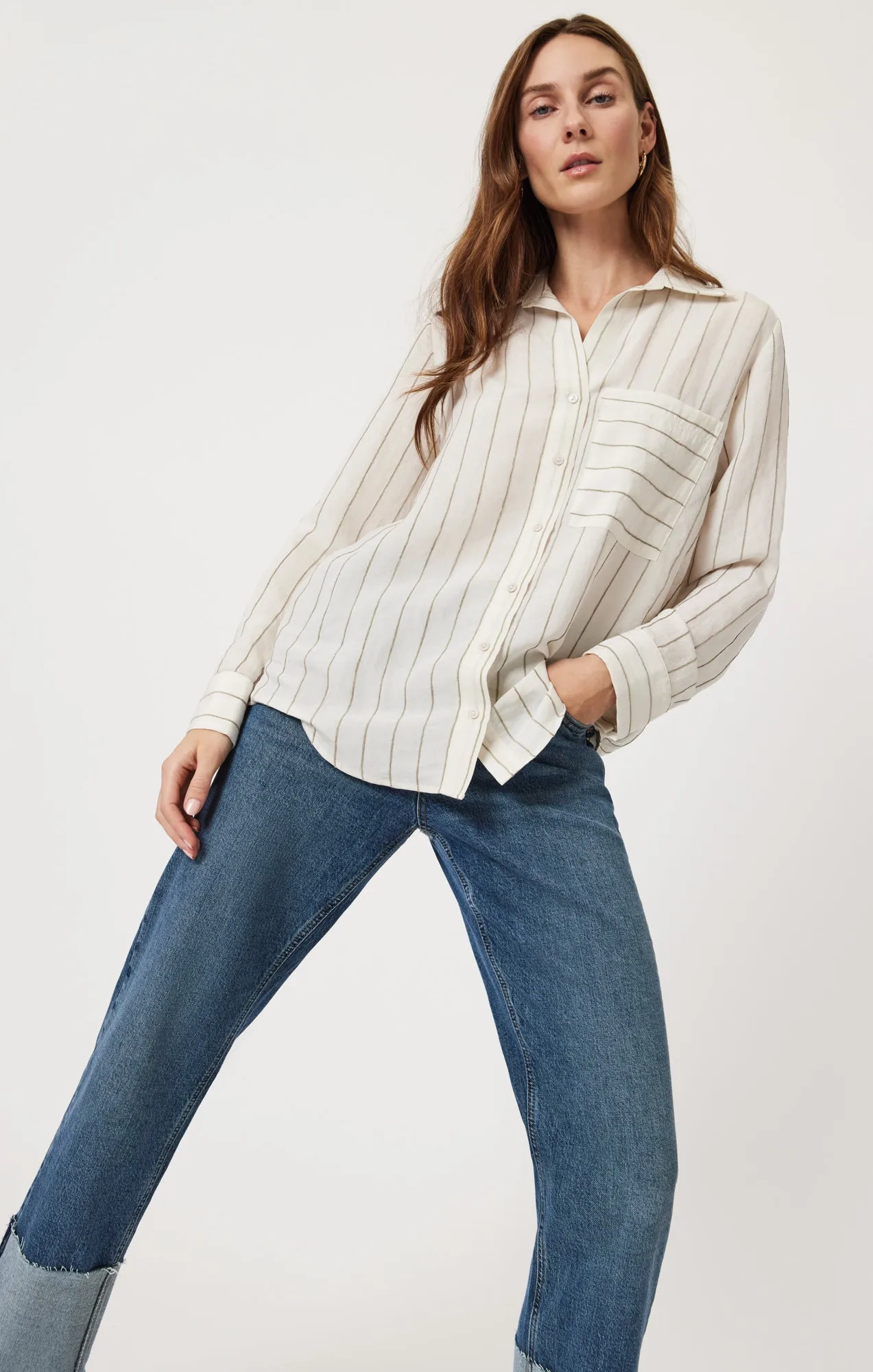 POCKET LONG SLEEVE SHIRT IN KHAKI STRIPE