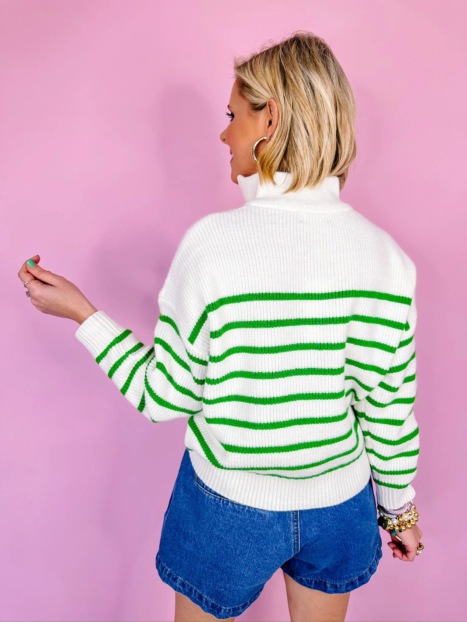 STRIPE THIS WAY HALF ZIP SWEATER - GREEN