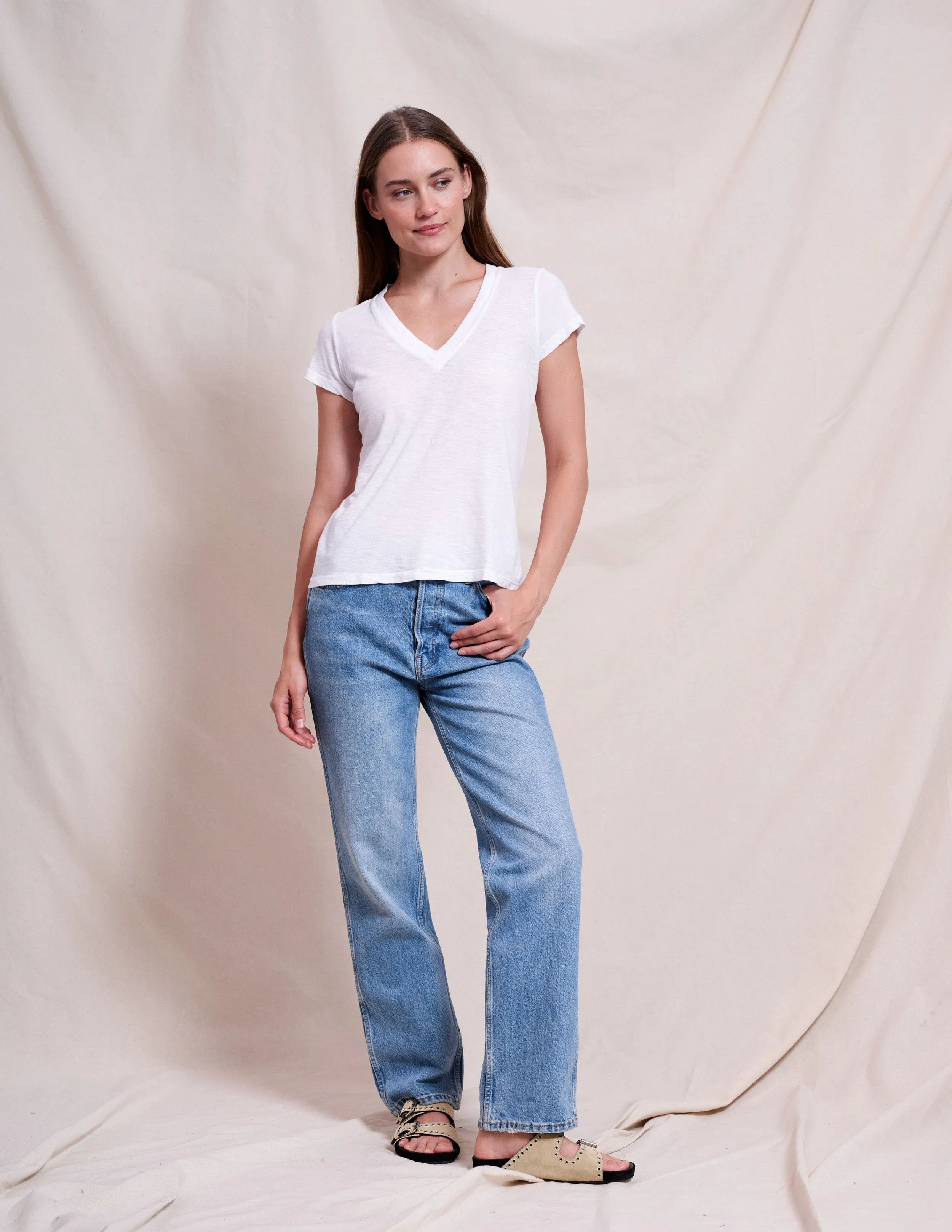 Sundry Deep V Neck Tee in Optic White