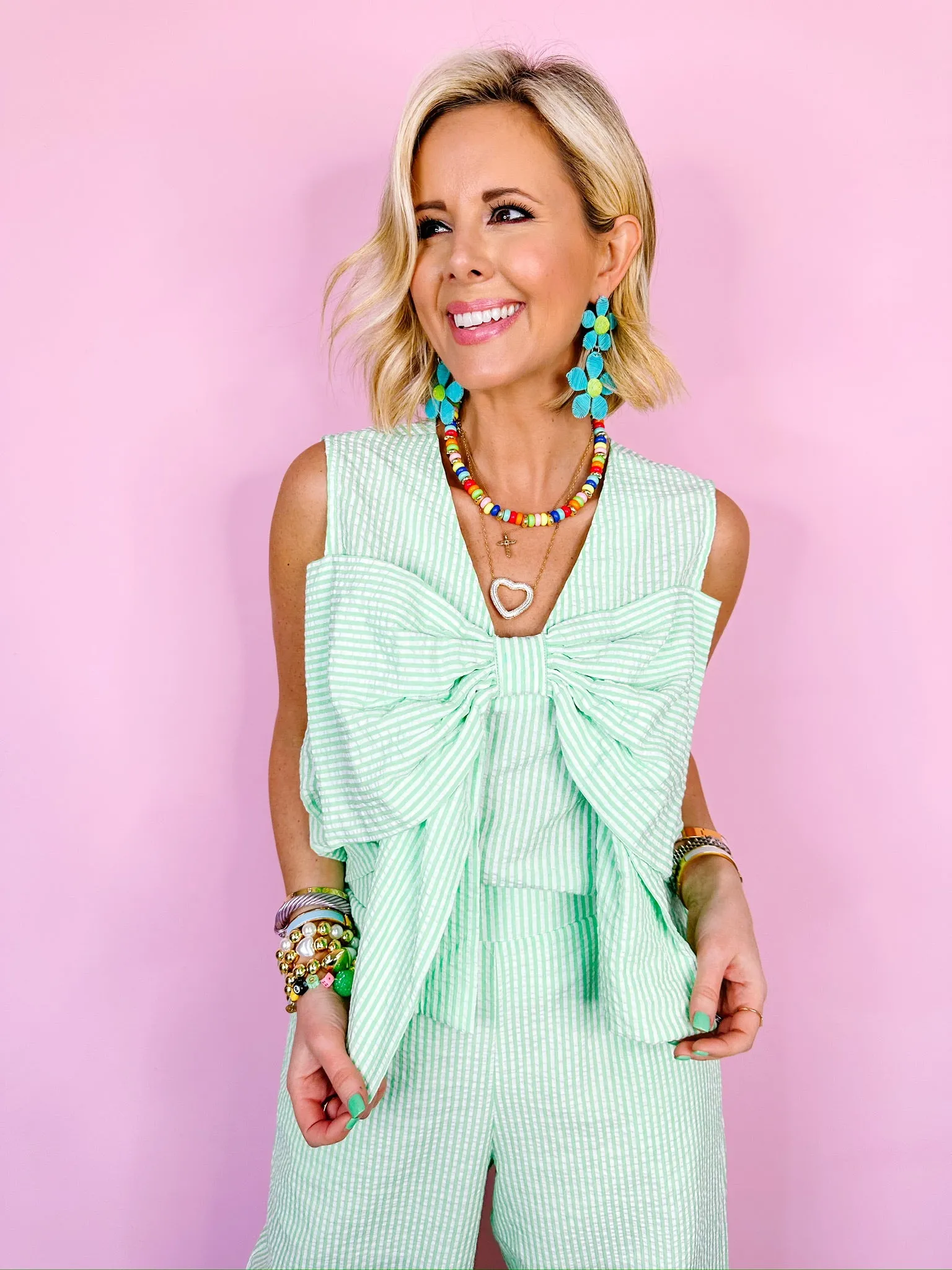 SWEETHEART SEERSUCKER BOW PANT SET - GREEN